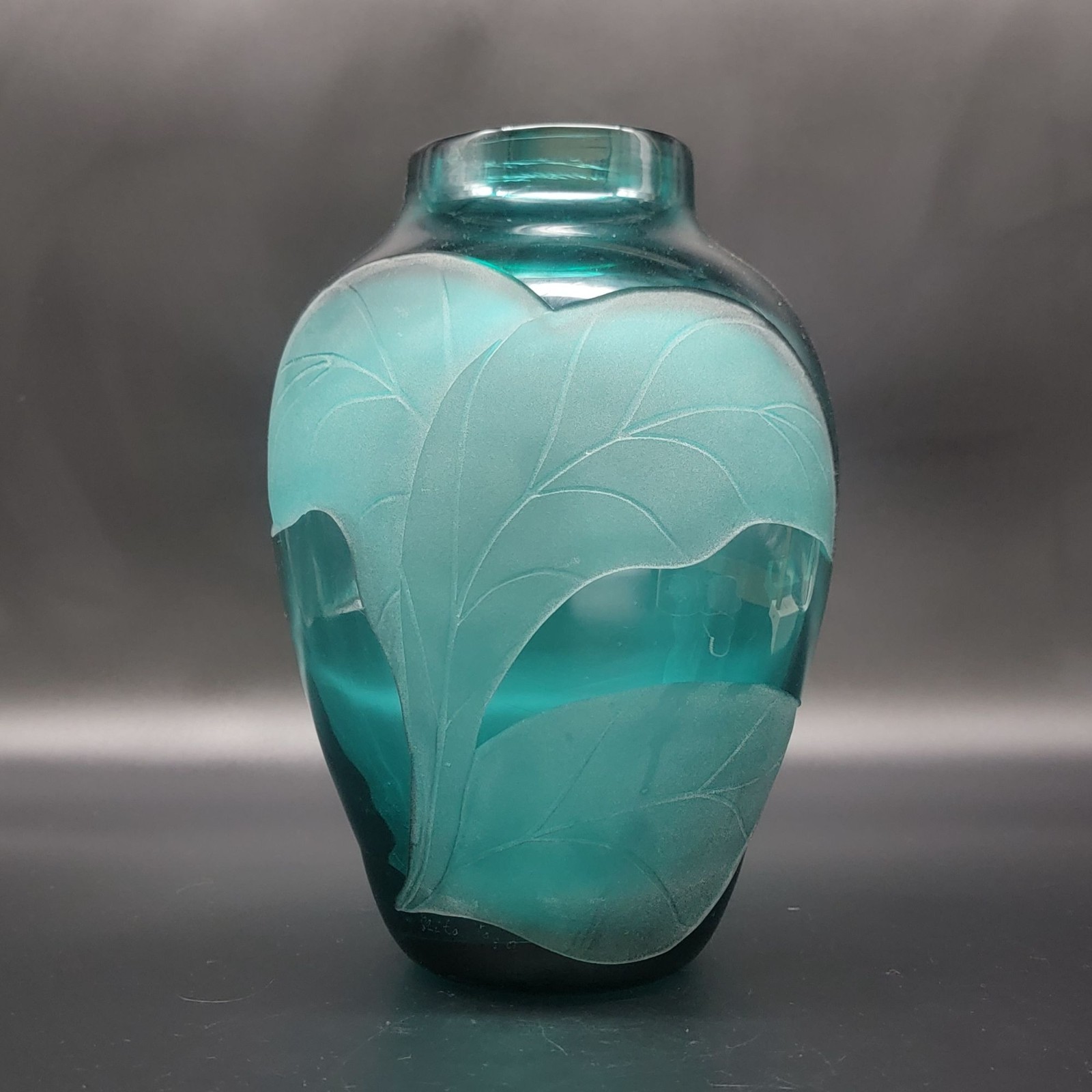 Vintage Teal Art Glass Vase Sand Etched Signed 1990 Tropical Decor