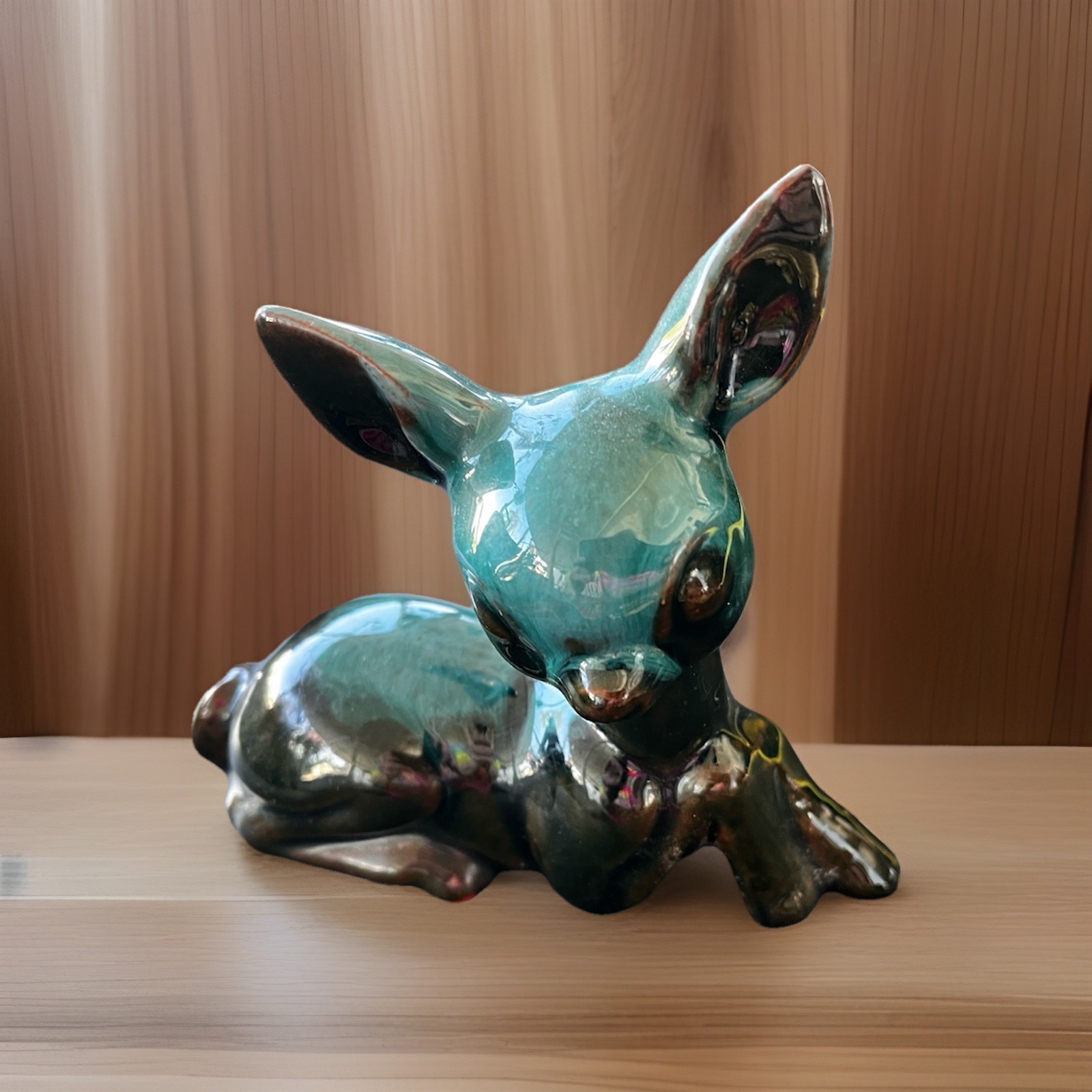 VINTAGE BLUE MOUNTAIN POTTERY Teal Drip GLAZED FAWN DEER FIGURINE MCM Canada