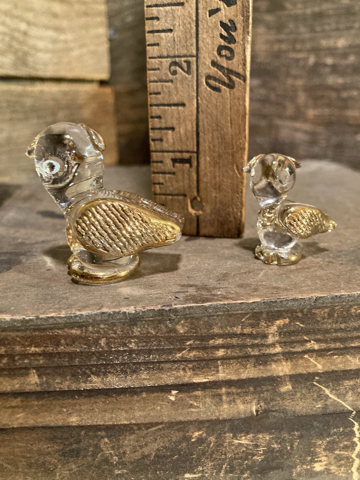 Art Glass & Gold Owls Hand Blown Set Of 2