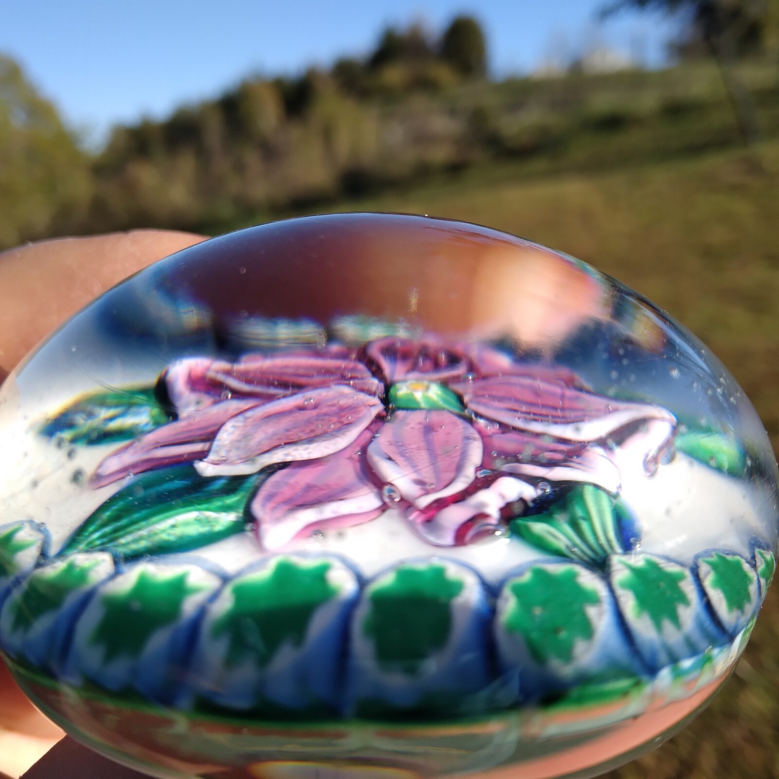 Lampwork Pink Purple Dahlia Clematis Flower Millefiori Glass Paperweight
