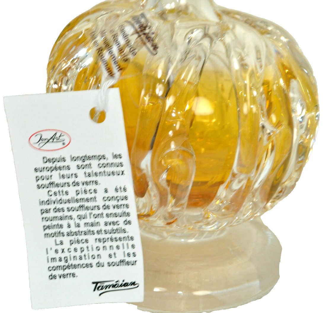 ION TAMAIAN Art Glass Perfume Scent Bottle Round Amber/Yellow Romania New