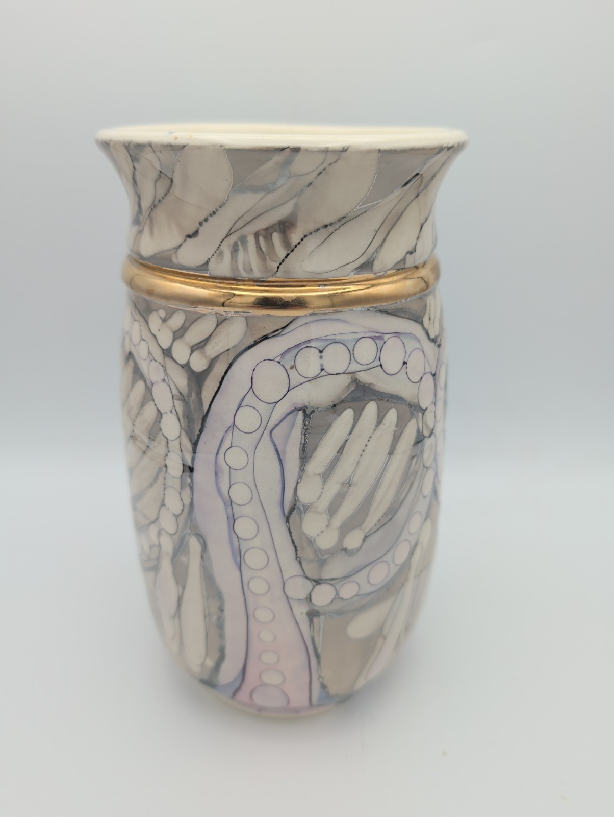 Studio Art Pottery Hand Painted Ceramic Vase Gold Band Iridescent 7 5/8″ Tall