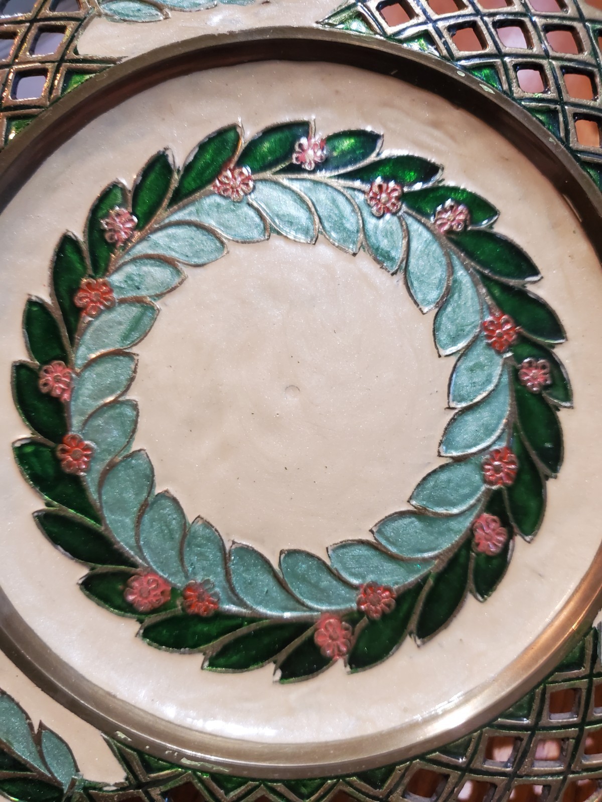 Cloisonné Brass Wall Hanging Plate w/Enameled Floral & Wreath Design