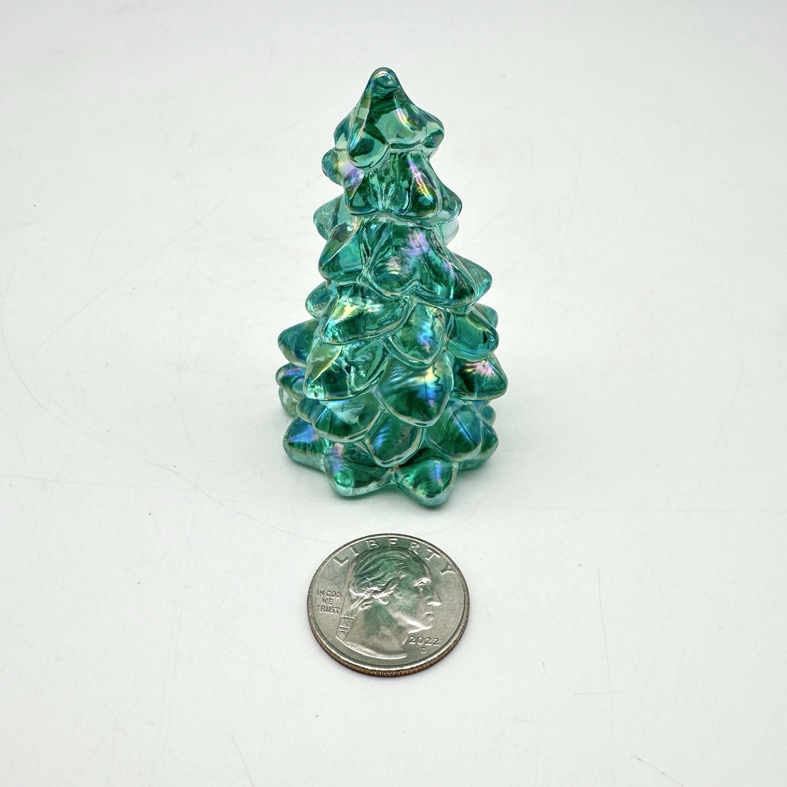 Mosser Mini Teal Carnival Glass Christmas Tree, 2 5/8” tall