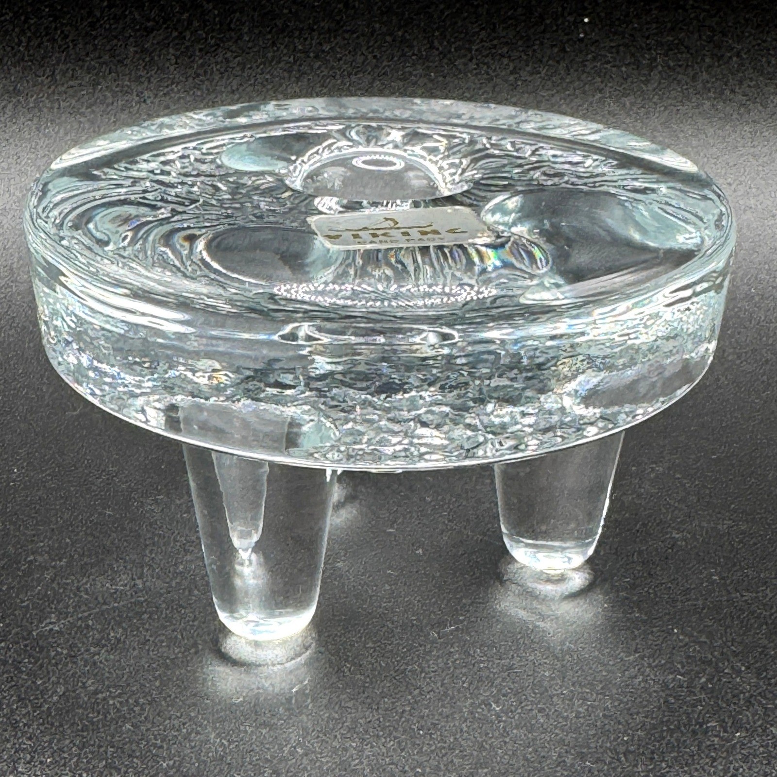 Viking Glass Vtg Handmade Clear Textured 3 Footed Tripod Taper Candle Holder MCM