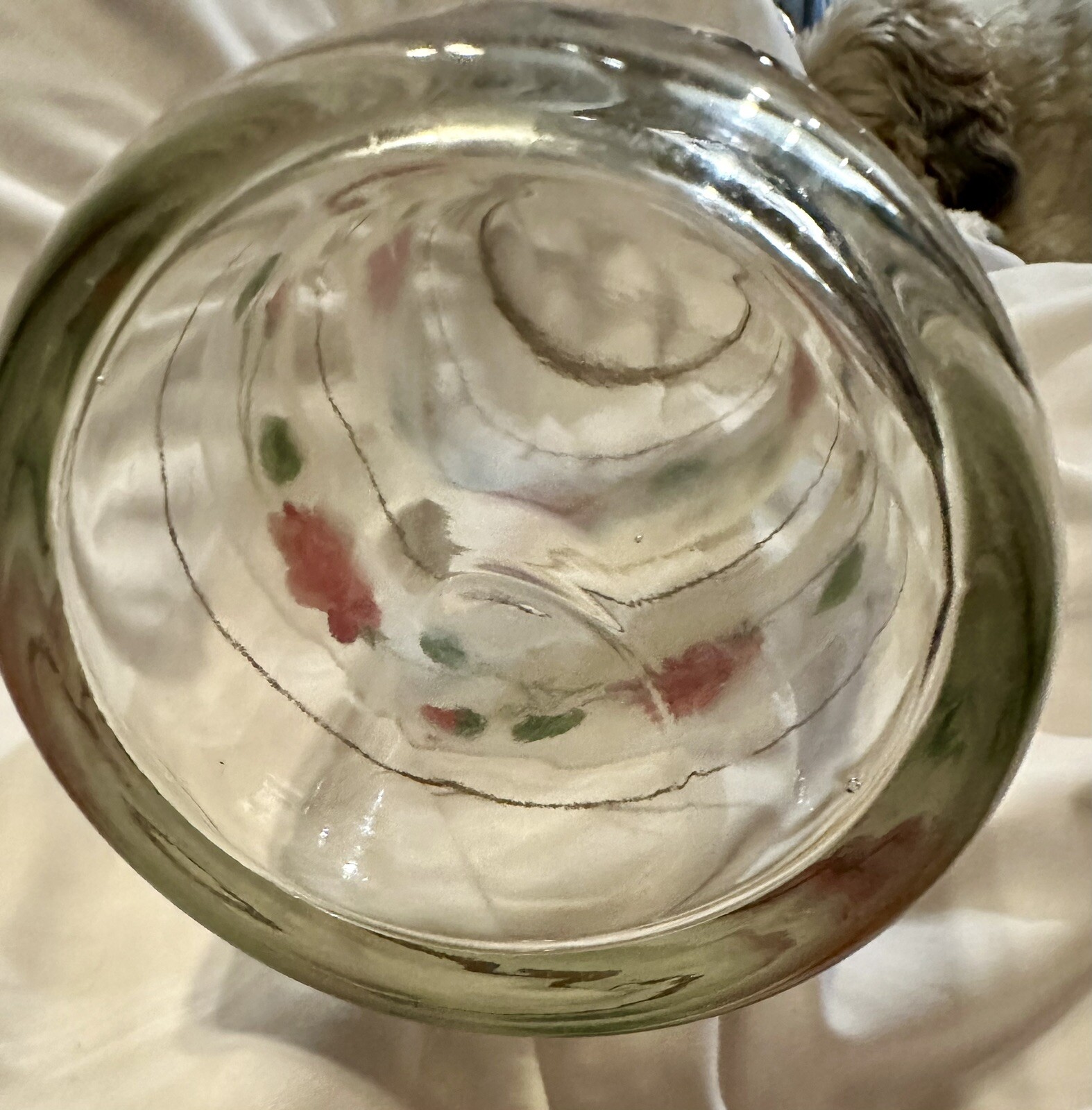 Clear Glass Vase Hand Painted Flowers 12 Inches Tall, 5 In Diameter W/Gold Rim