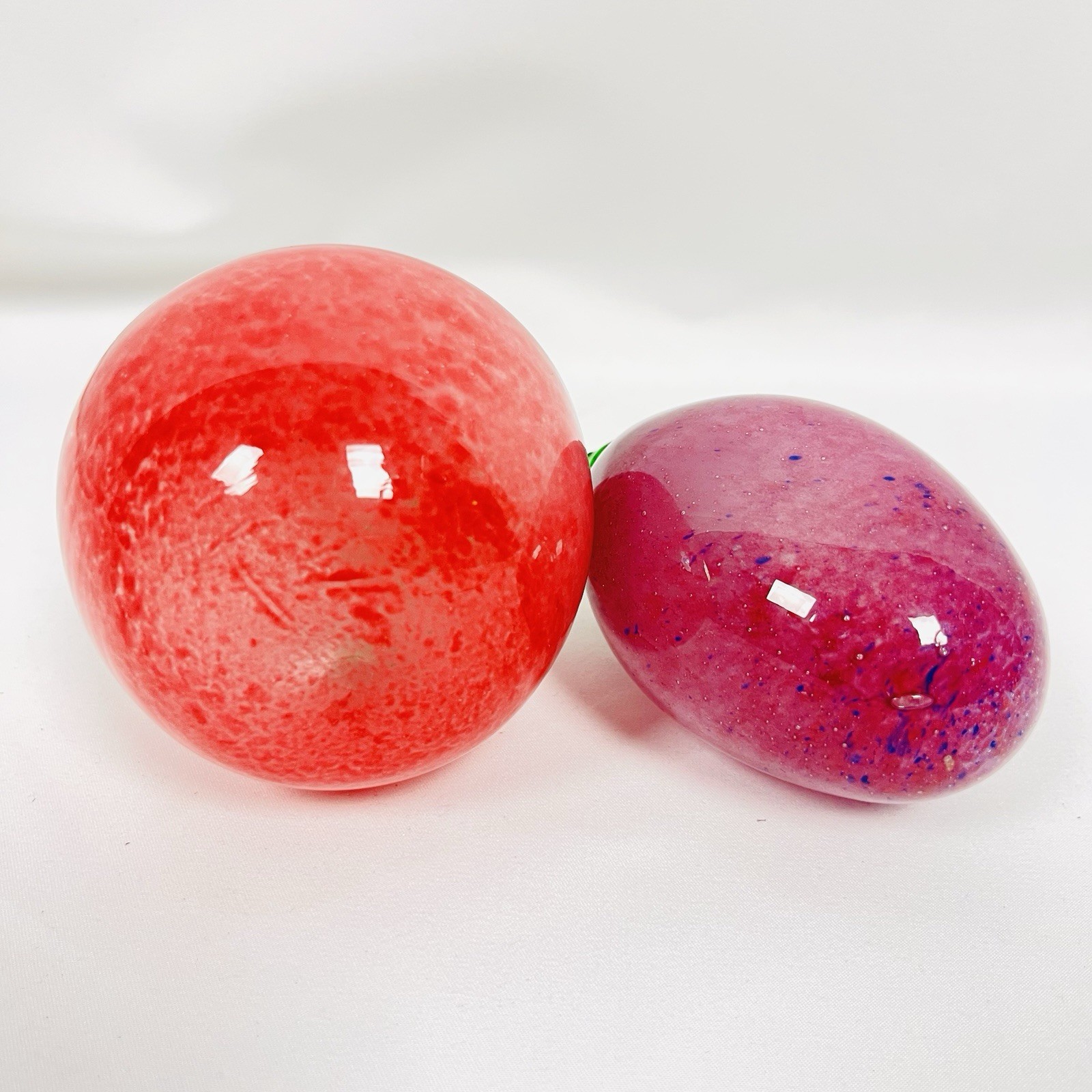 Hand Blown Art Glass Apple & Plum Paperweights Fruit Figurines Decor Set of 2