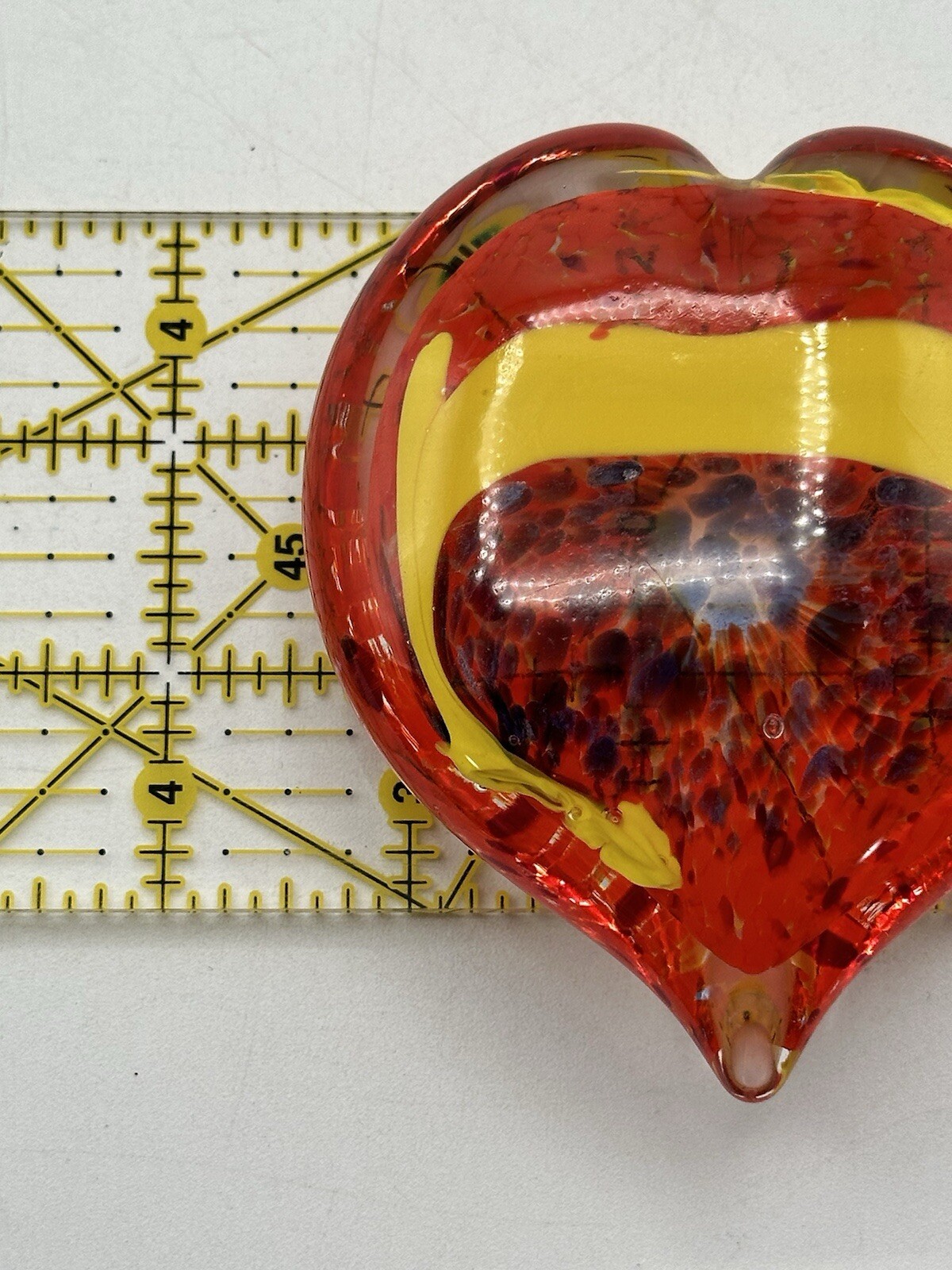 Art Glass Blown Paperweight Heart Shaped Orange And Yellow Clear Cased