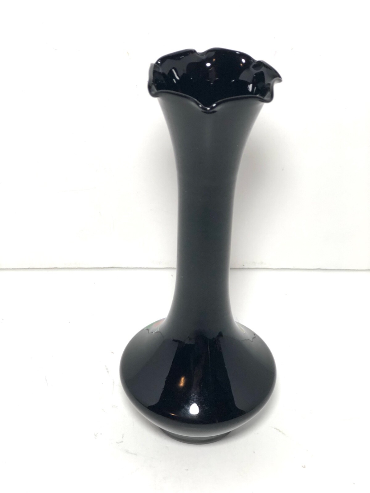Victorian VTG Ebony Black Amethyst Art Glass Vase Floral Pattern Handpainted 8”