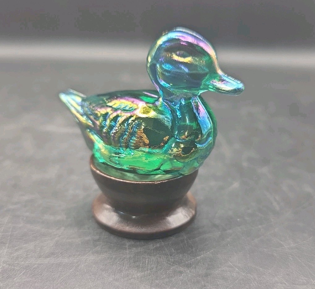 Vintage Fenton Art Glass Small Miniature Duck Duckling Green Carnival Glass