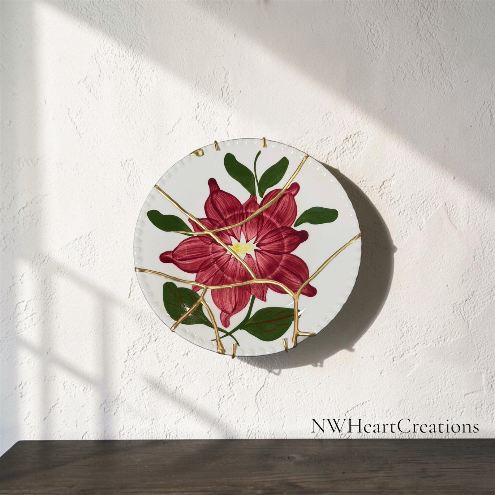 Kintsugi Dahlia Plate | Gold Repaired Floral Wall Art | Oregon Garden Decor