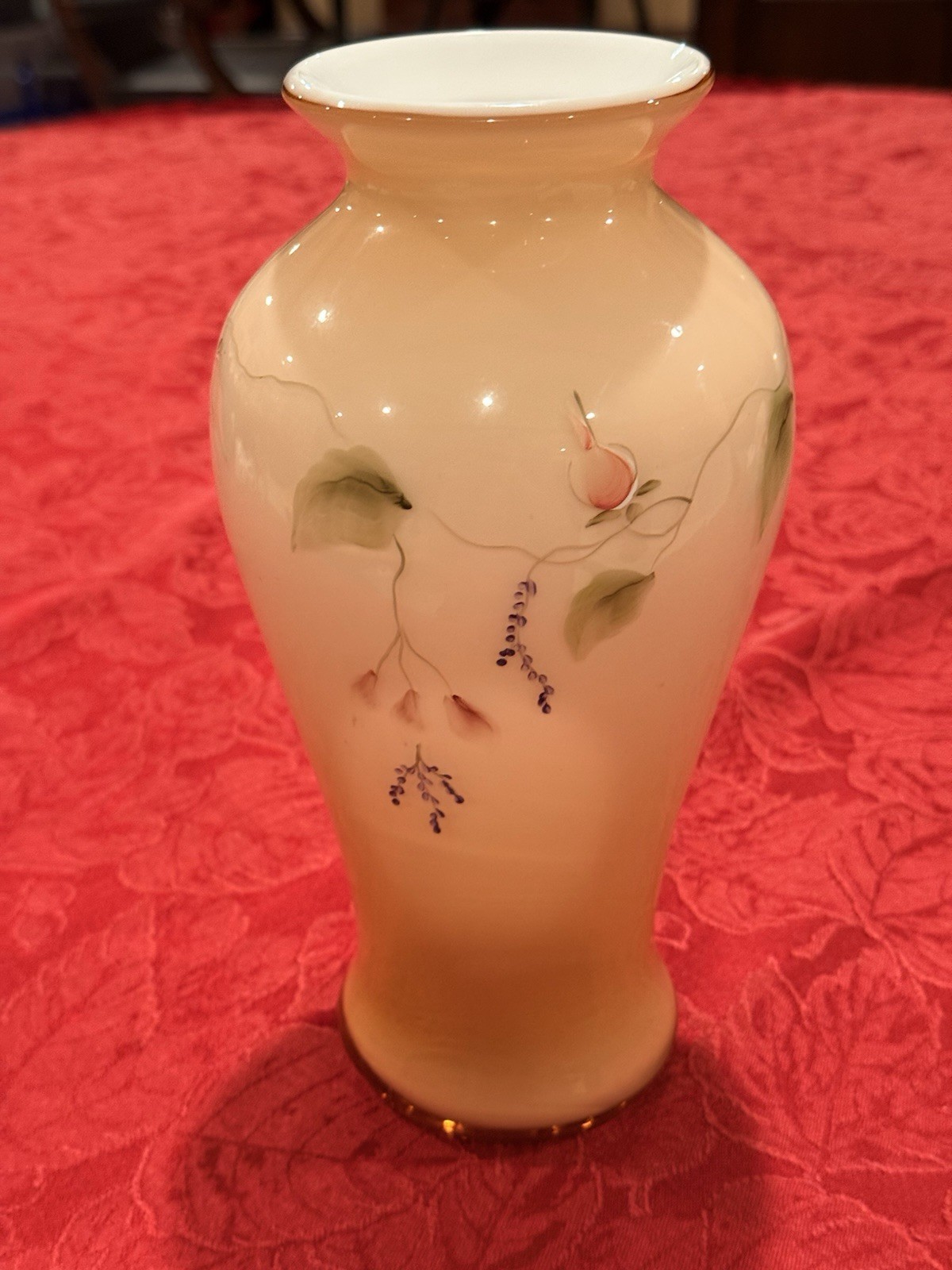 Fenton Satin Sunset Overlay Hand Painted “Princess Roses” Vase Signed Ex Cond