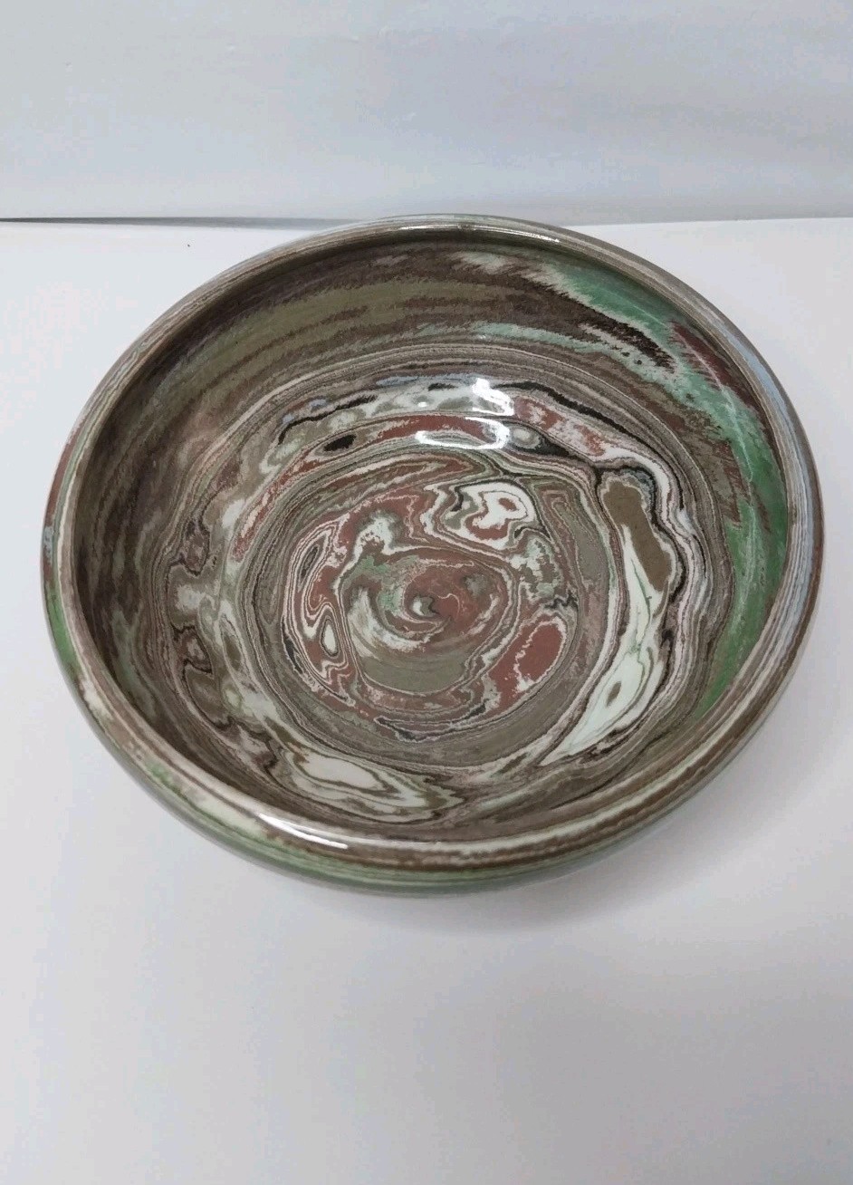 Desert Sands Pottery 5.5” Bowl Green Red Brown Blue Swirl Handmade MCM