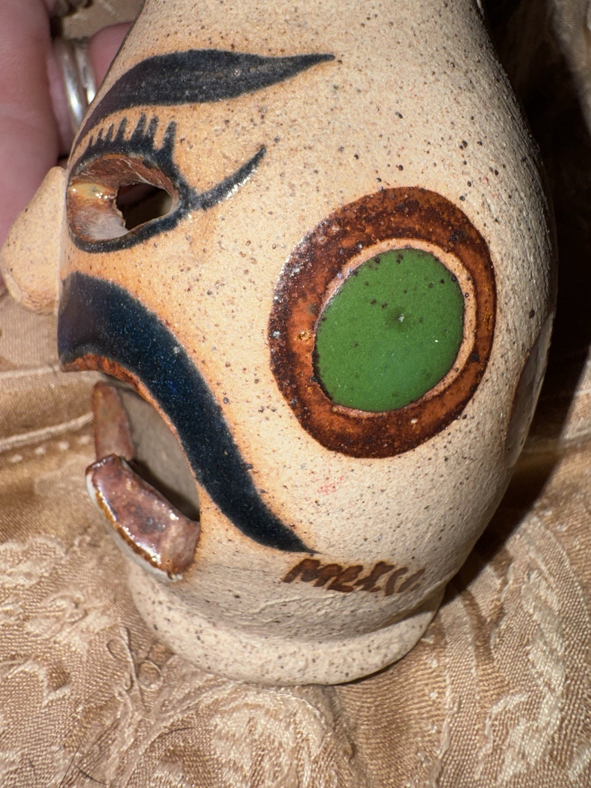Mexico Hand-Painted Art Pottery Face Vase Abstract Glossy Beige Blue Brown