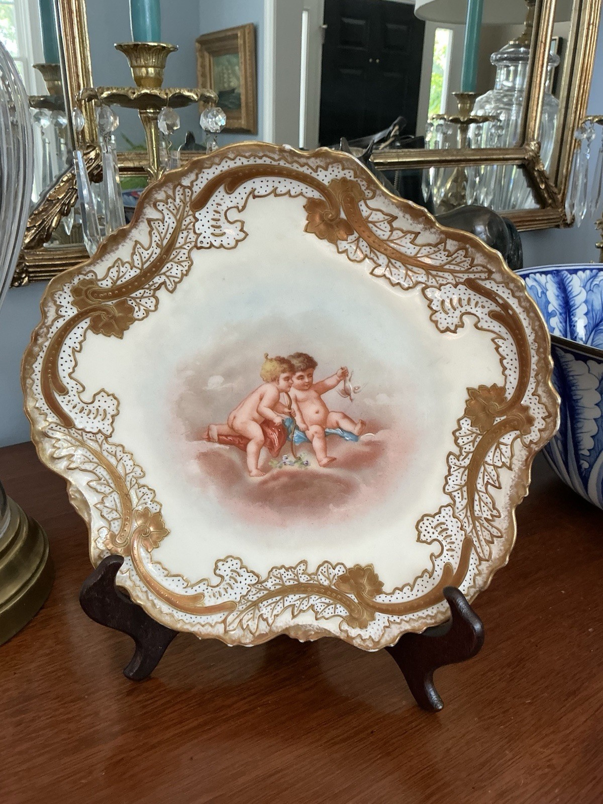 Limoges Semi-antique to Antigue Cherub Hand Painted Rococo Display Plate