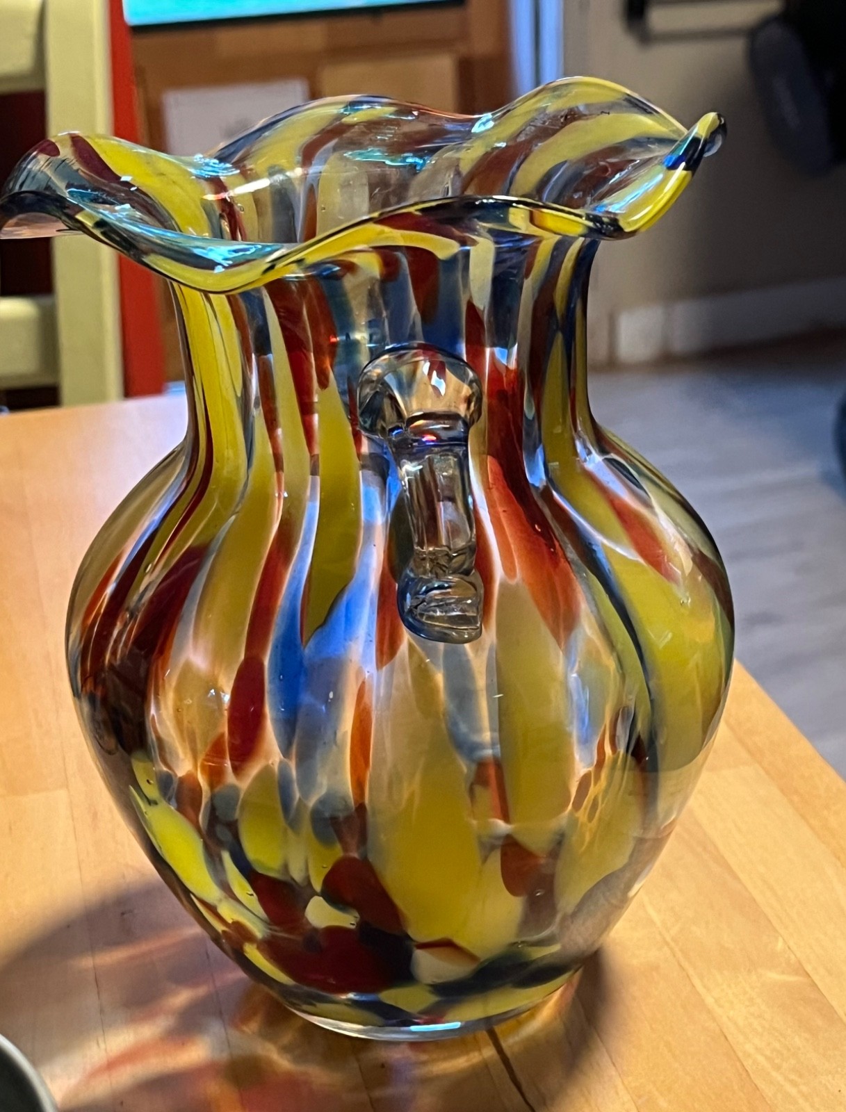 Art glass vase with handles yellow red blue green