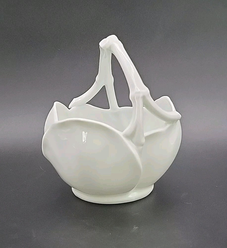 Giraud Limoges France Lotus Petal White Porcelain Basket Bowl With Handle