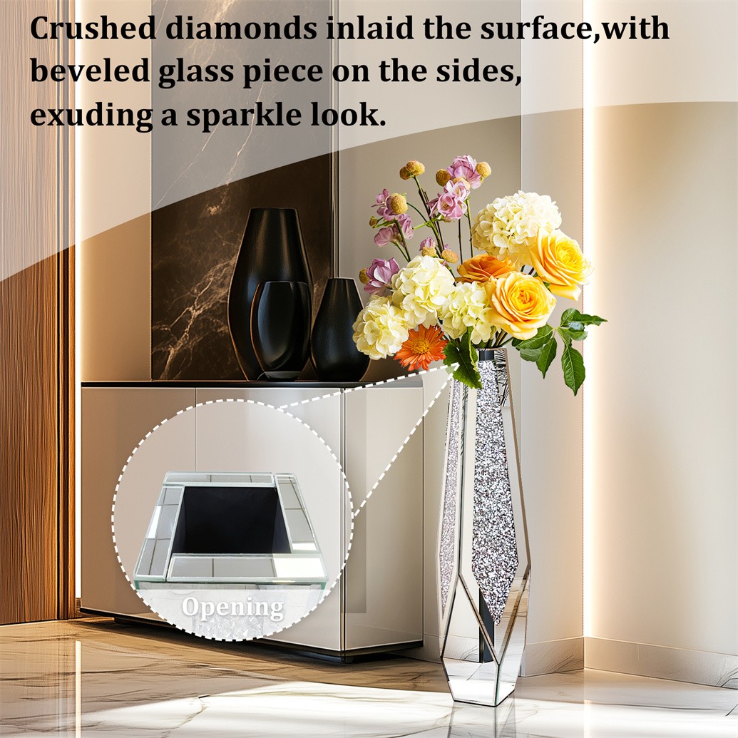 28” Tall Crushed Diamond Mirrored Flower Vase Crystal Silver Floor Flower Vase