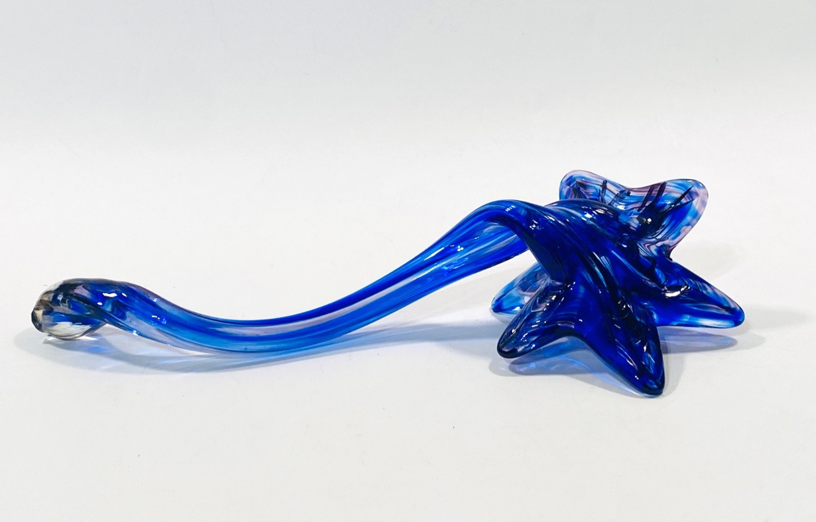Vintage Hand Blown Art Glass Lily Flower Sculpture Curved Stem Blue Purple 12.5″