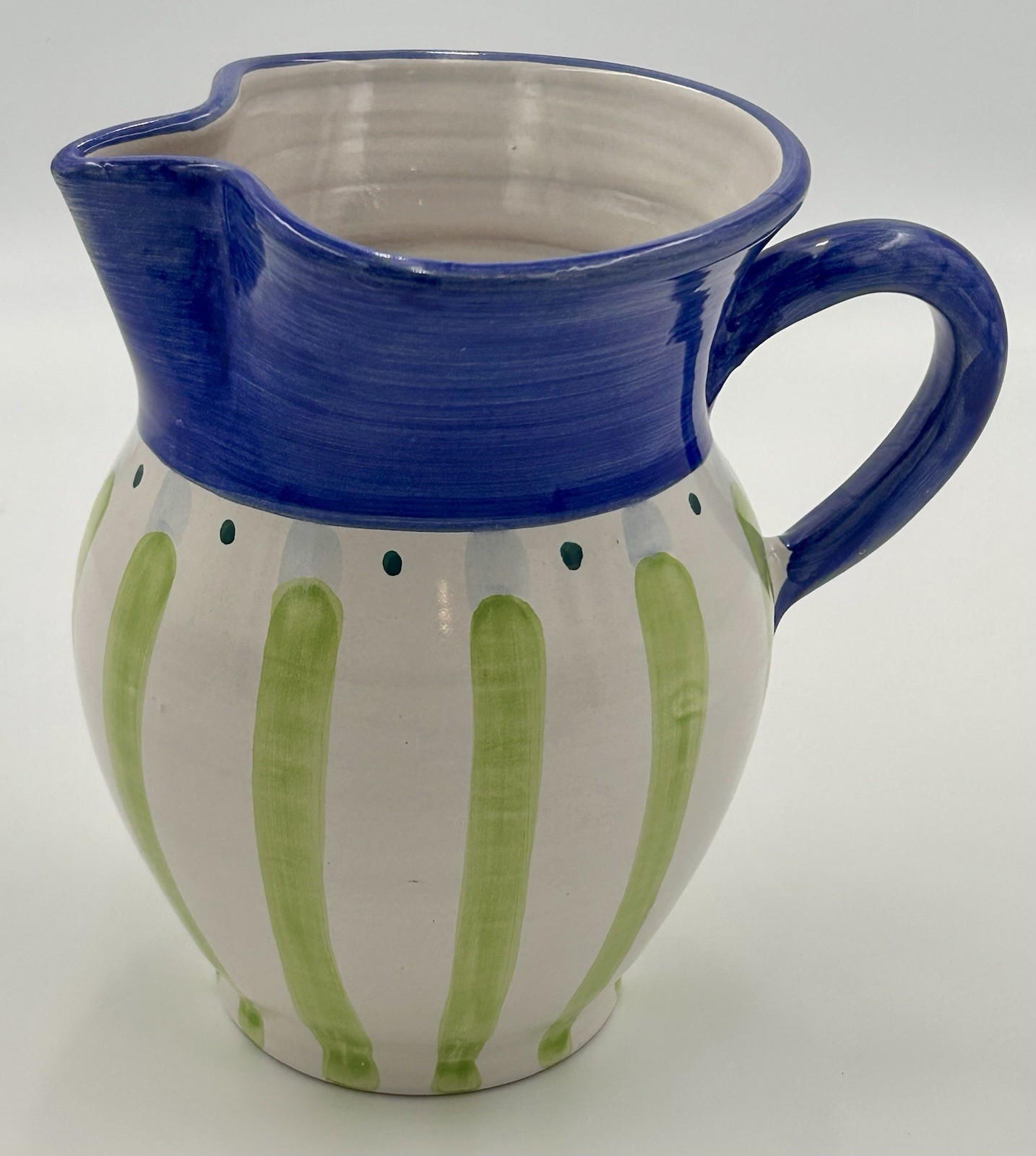 Italian Pottery Pitcher Blue Green Striped Country Fair Made In Italy