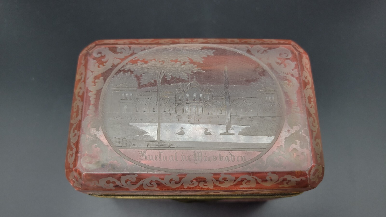 Antique 19th Century Austrian Hinged Lid Red Engraved Glass Trinket Jewelry Box