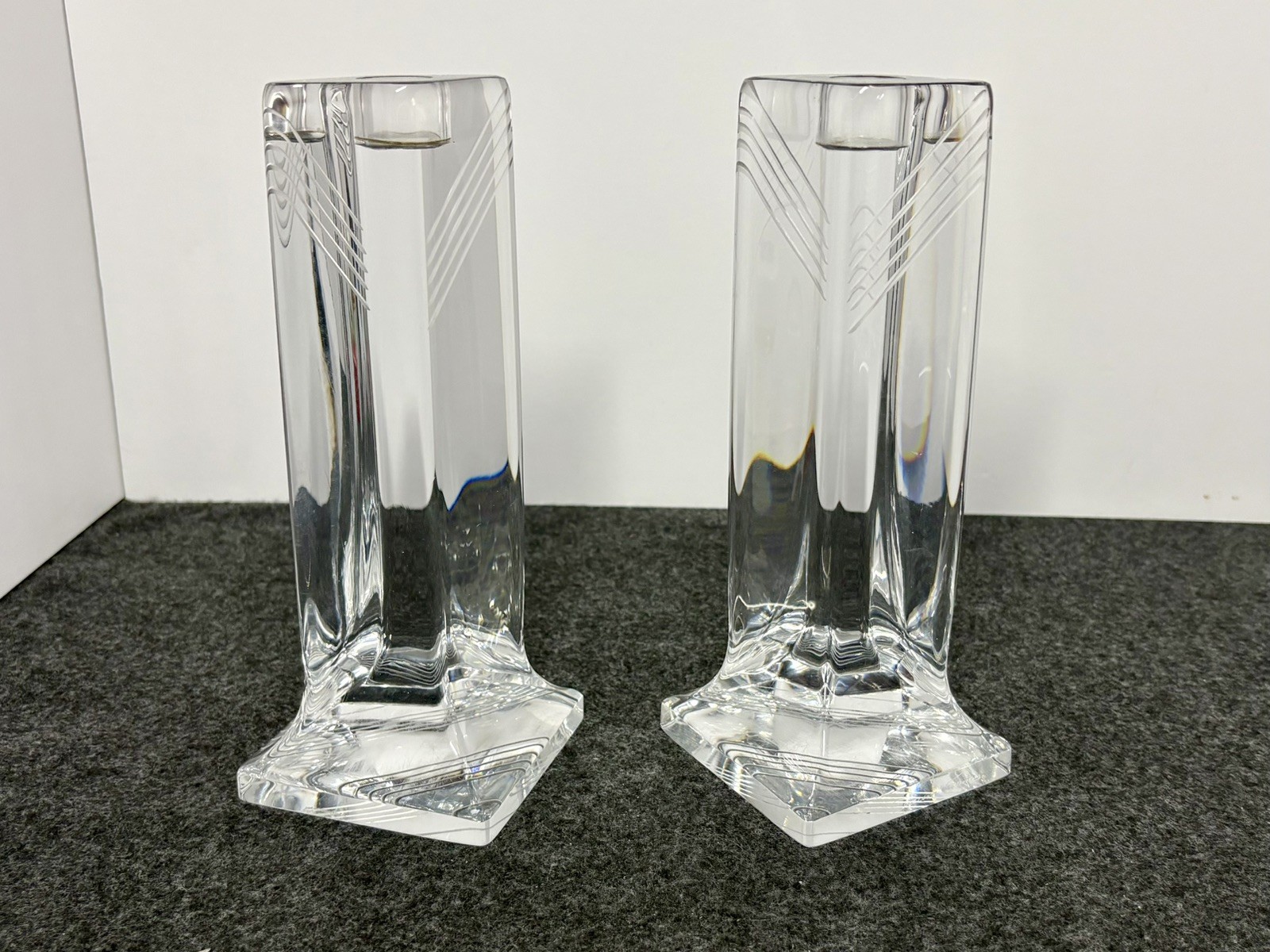 Pair of Daum France Crystal Art Deco Candlestick Holder 8.25 Inches no chips