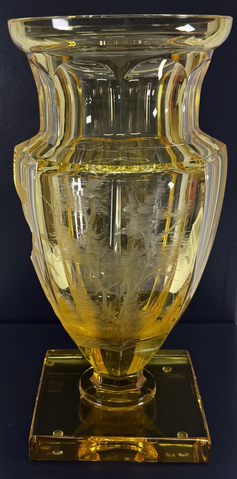 Moser Jumping Horse Vase Elder Yellow Engraved Potash Glass 12in