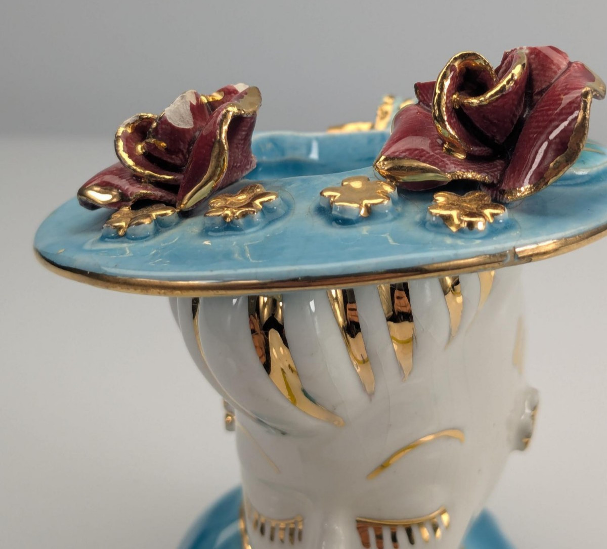 Vintage Lady Head Vase Mini Glamour Blue and Gold Broken Flowers & Bow