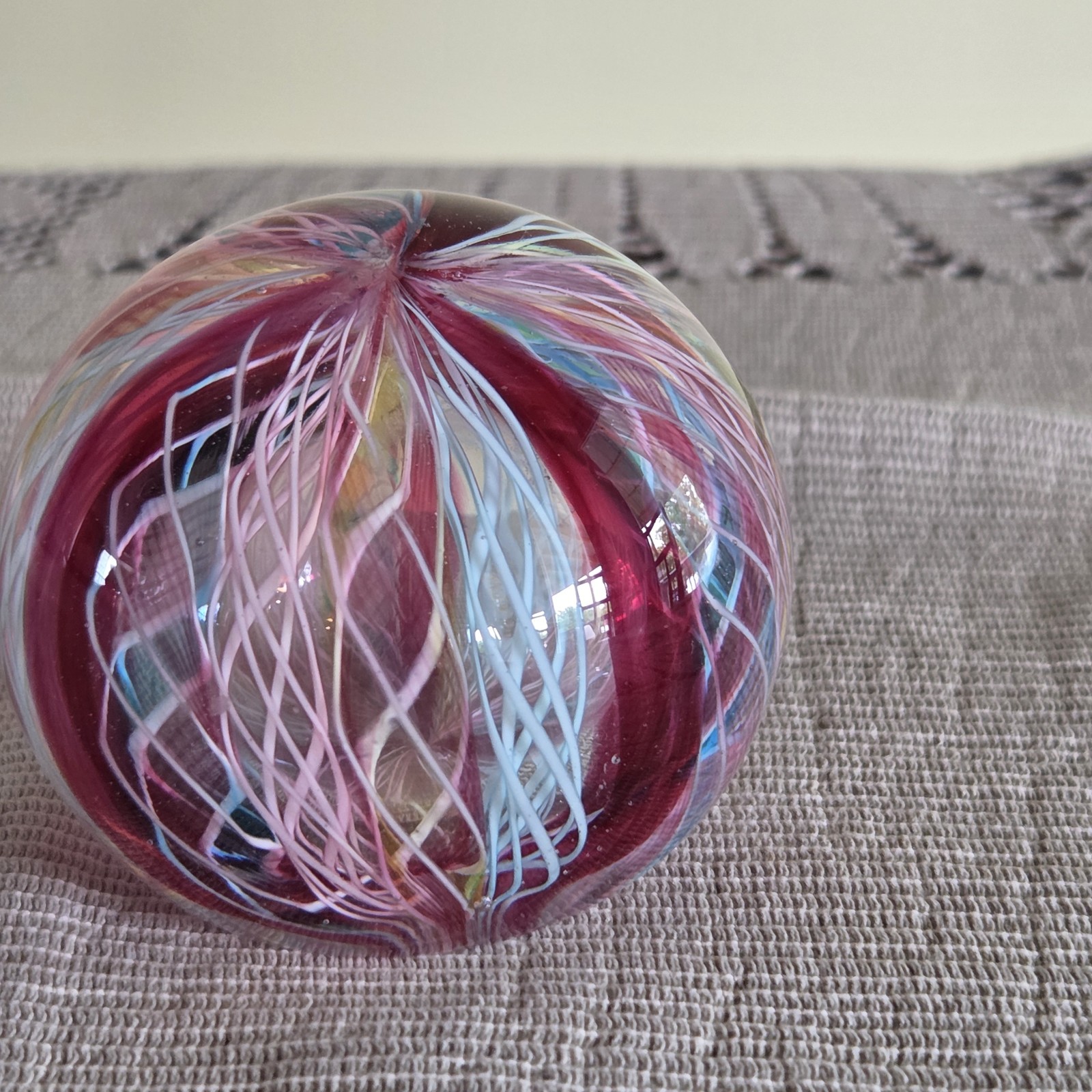 Vintage Latticinio Ribbons Murano Hand Blown Art Glass Paperweight 2.25″