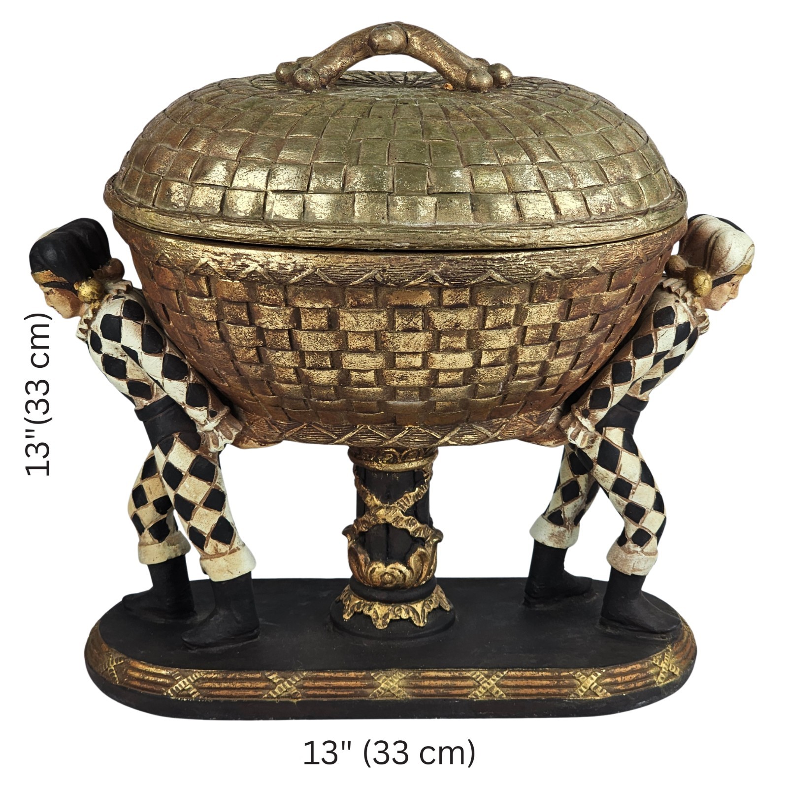 Vintage Harlequin Figural Ceramic Lidded Container Gold Trinket Basket Venetian