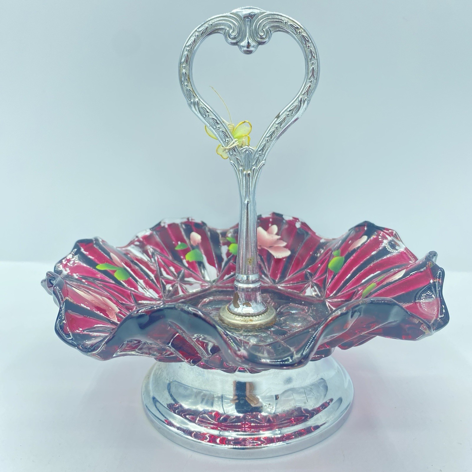 Opalescent Cranberry Glass Brides Basket Silver Plate Stand Floral