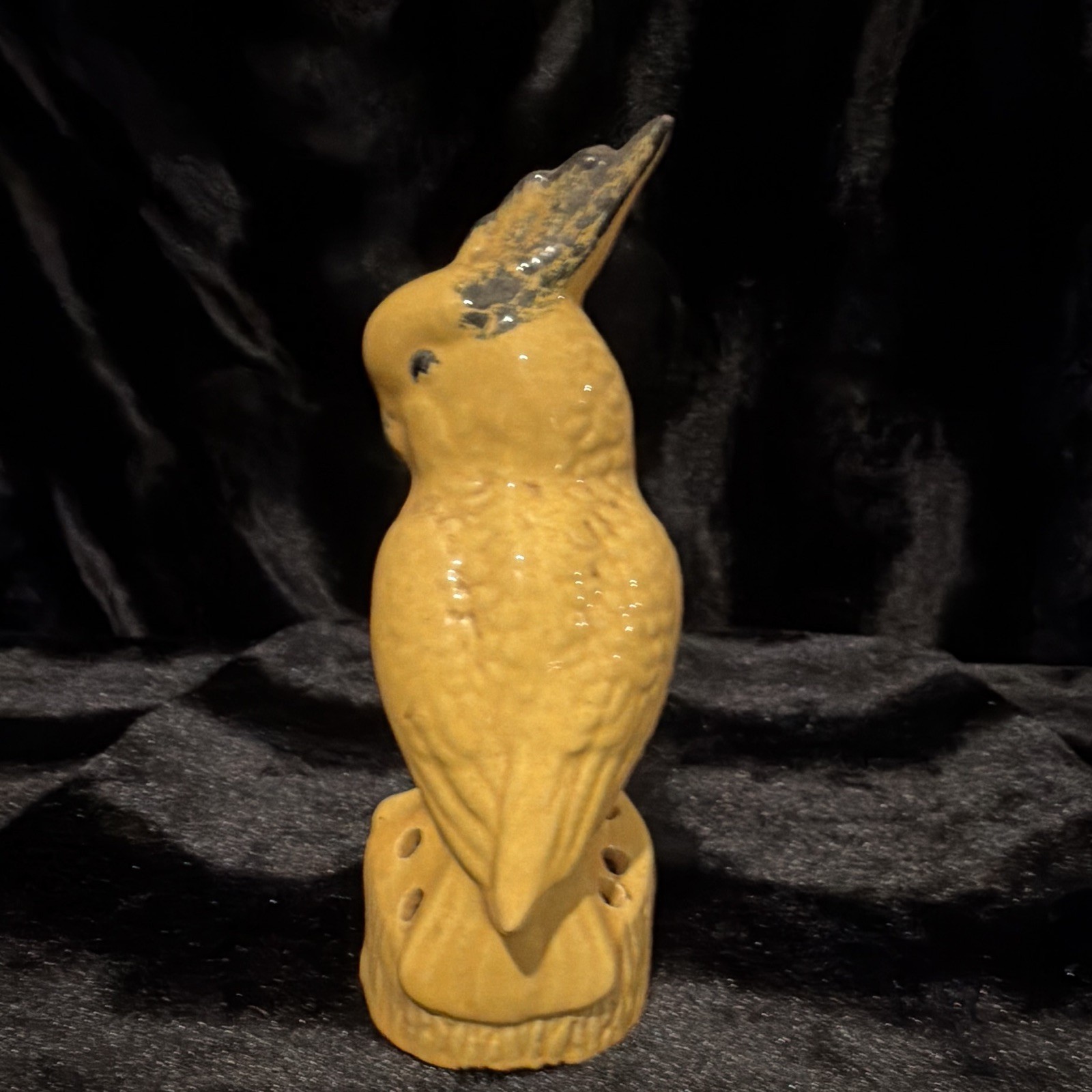 Yellow & Black Glossy Ceramic Bird Figurine on Tree Stump Base Flower Frog 7 in