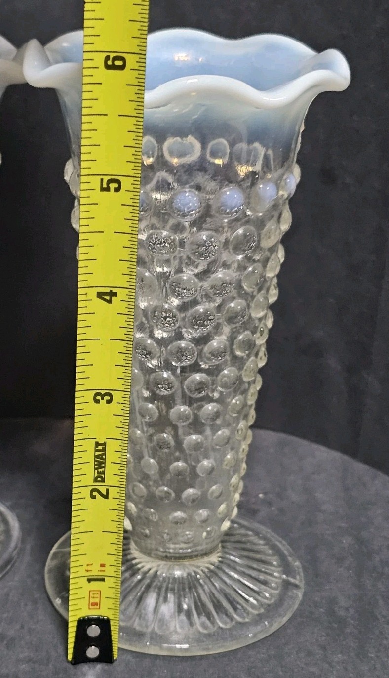 3 Moonstone Opalescent Hobnail 2-5.5″ Bud Vases 3 Divide Dish Anchor Hocking