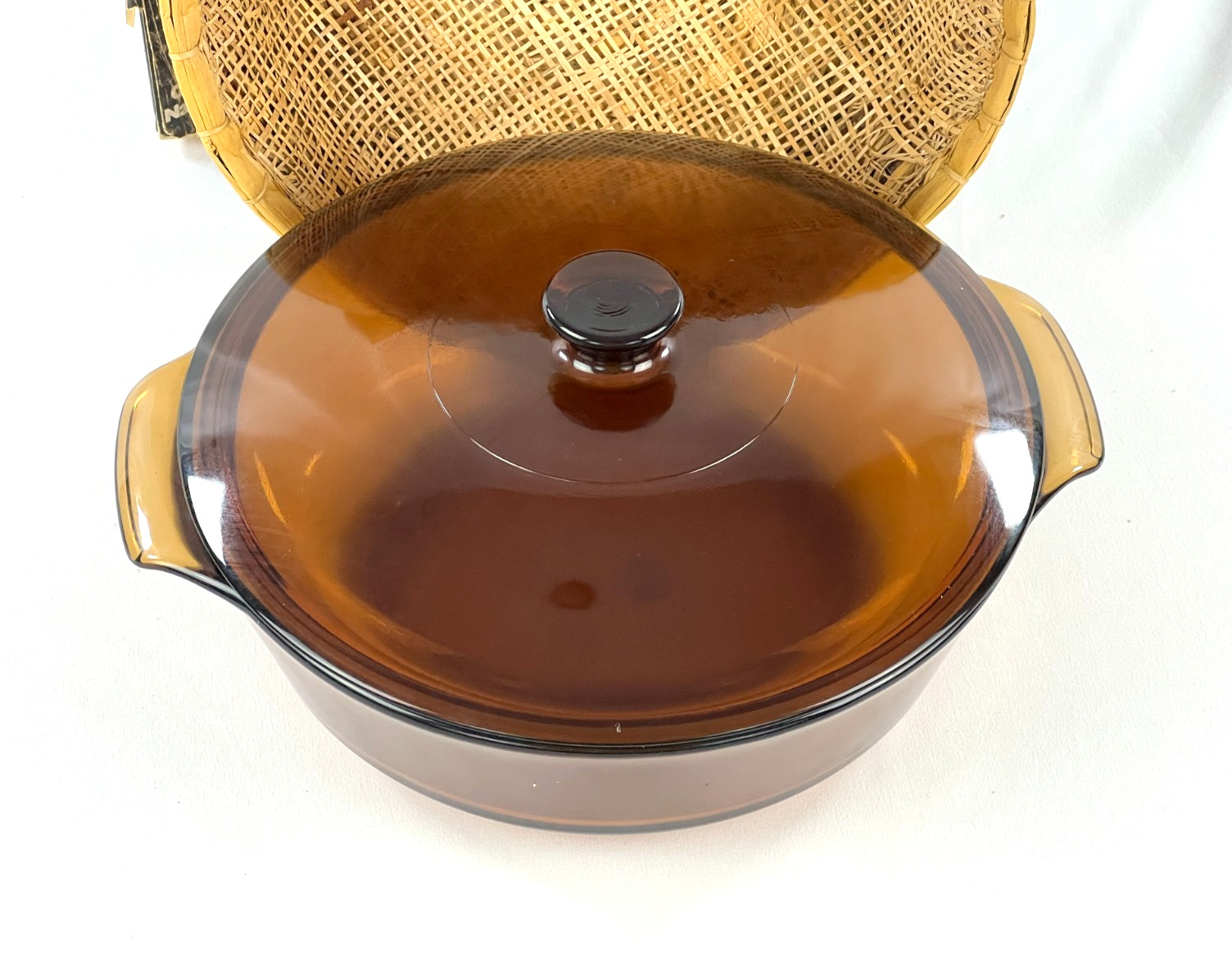 Vintage Anchor Hocking Harvest Amber Basket Buffett 2 Qt Casserole Original Box
