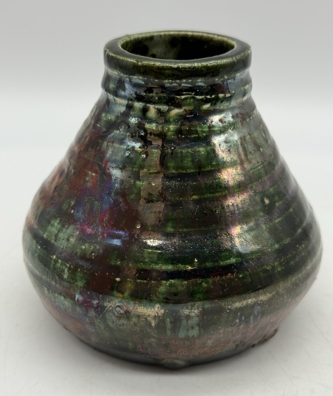 Raku Pottery Green Glaze Iridescent Small 3 3/4″ Vase Hand Thrown Signed