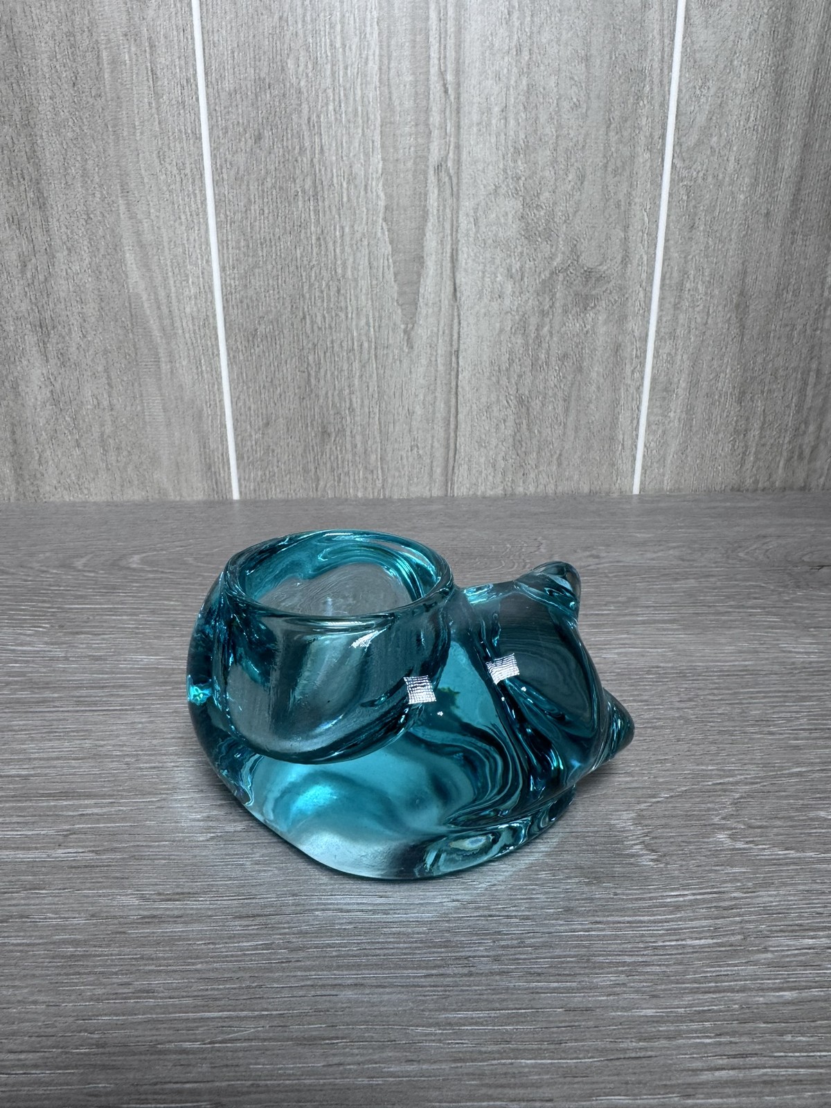 Teal Blue Glass Sleeping Cat Rabbit Animal Tealight Candle Holder Figurine Decor