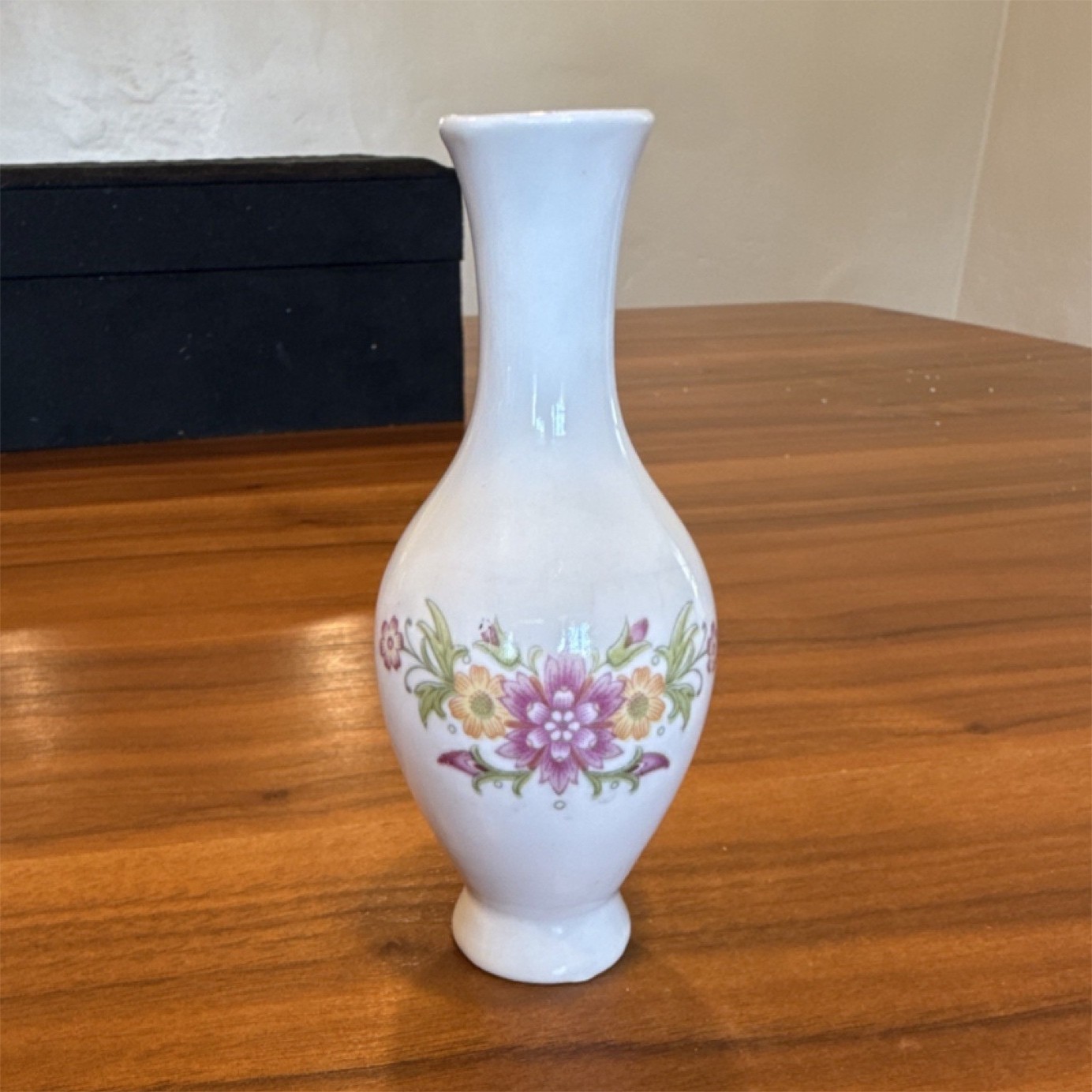 White Ceramic Vase with Pink and Yellow Floral Design, Glossy Pottery Finish