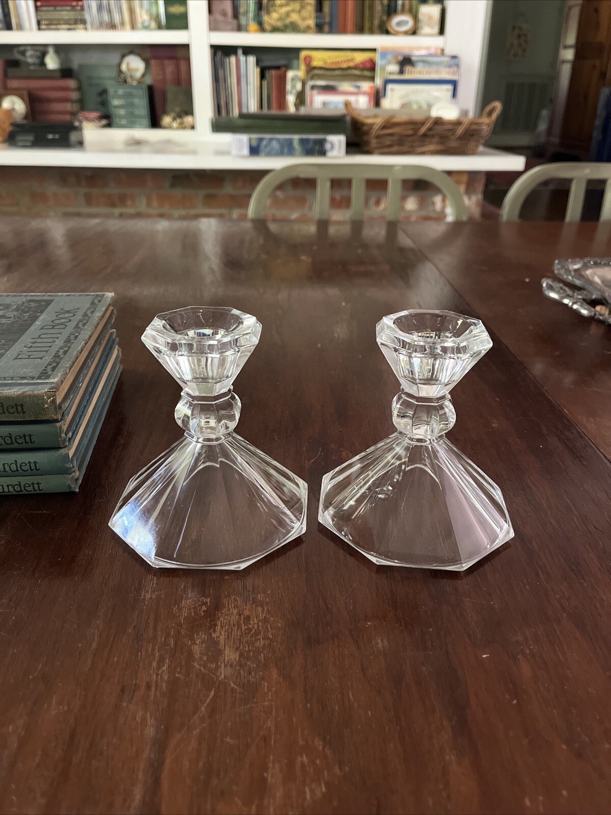Vintage Crystal Candlesticks Pair Set of 2 Approx 4″ Tall & Wide Octagonal Base