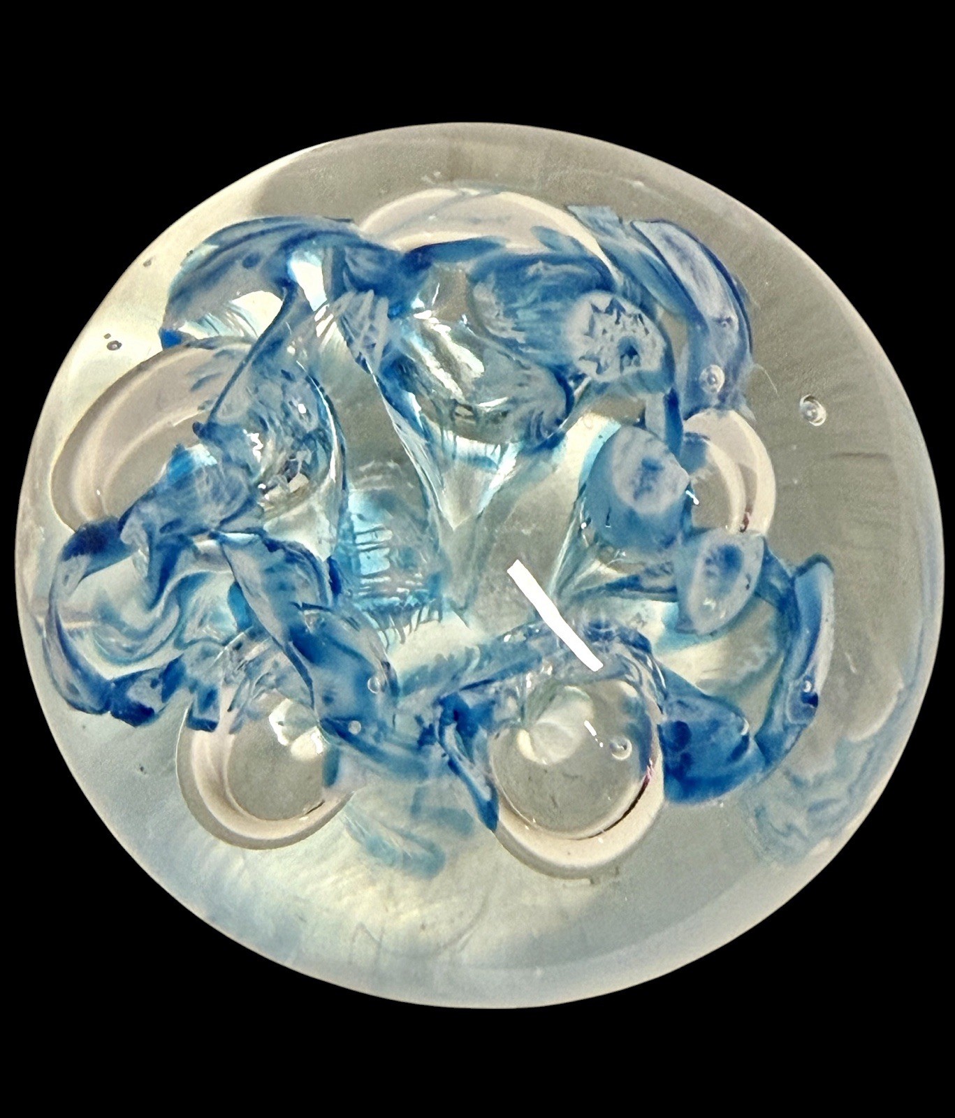 Art Glass Hand Blown Paperweight Blue White Flower Controlled Bubbles Round