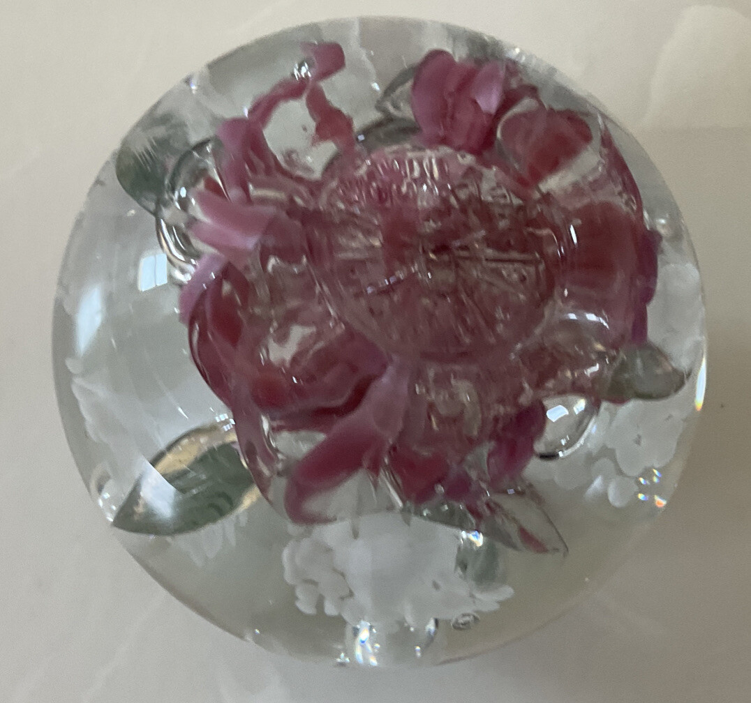 Elwood Pink White Trumpet Flowers Controlled Bubble Art Glass Paperweight AS IS