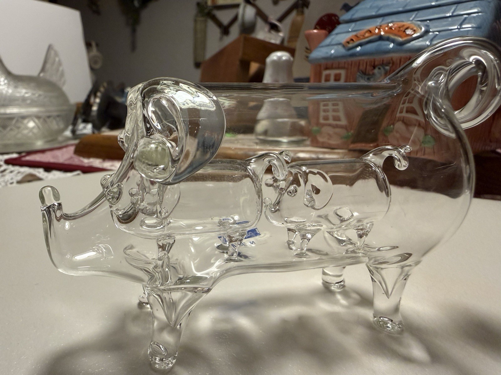 1970s Hand-blown clear glass sculpture titled “Pig in Pig in Pig”