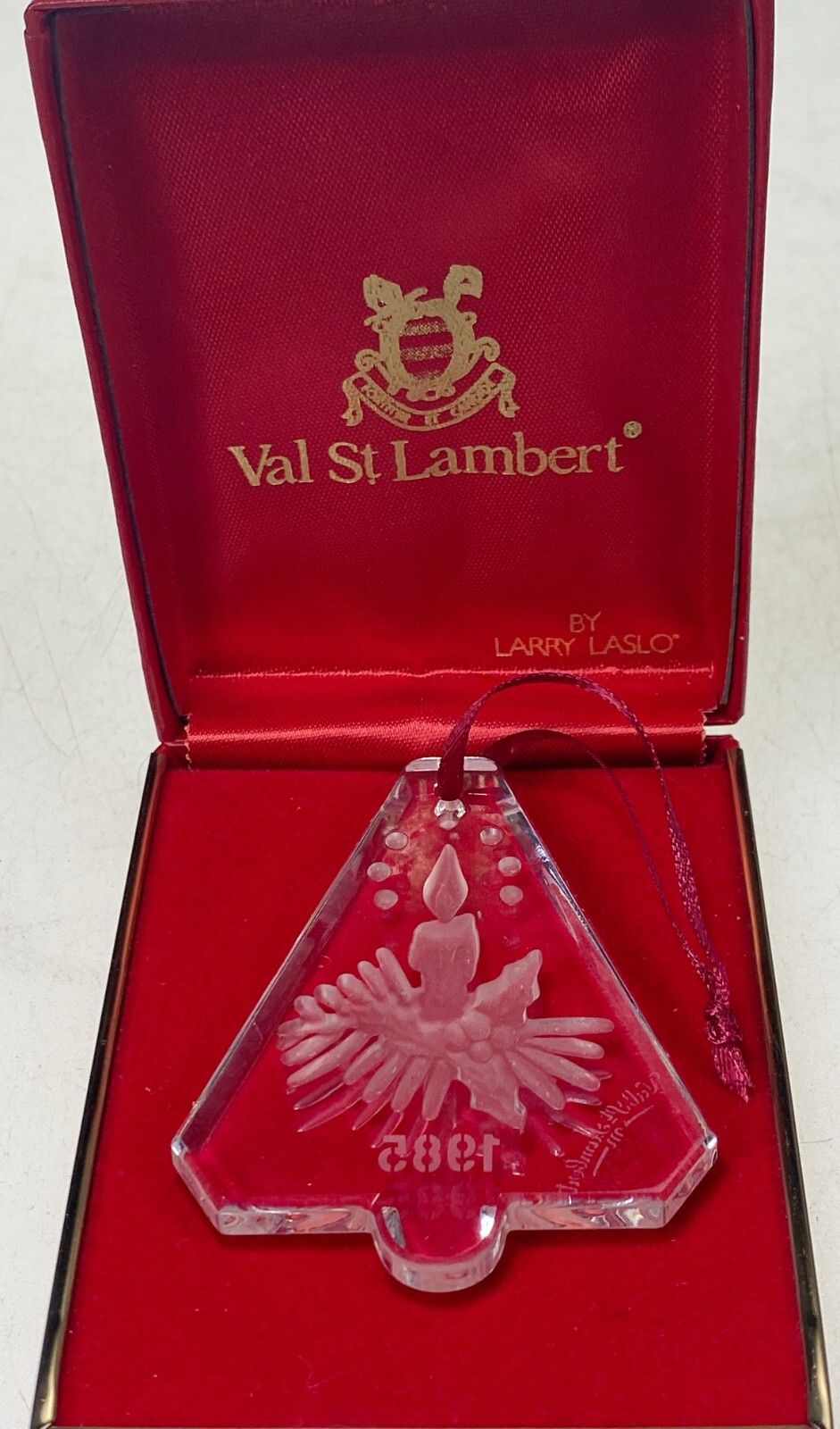 1985 Val Saint Lambert Larry Laslo Crystal Christmas Candle Ornament Vtg Box