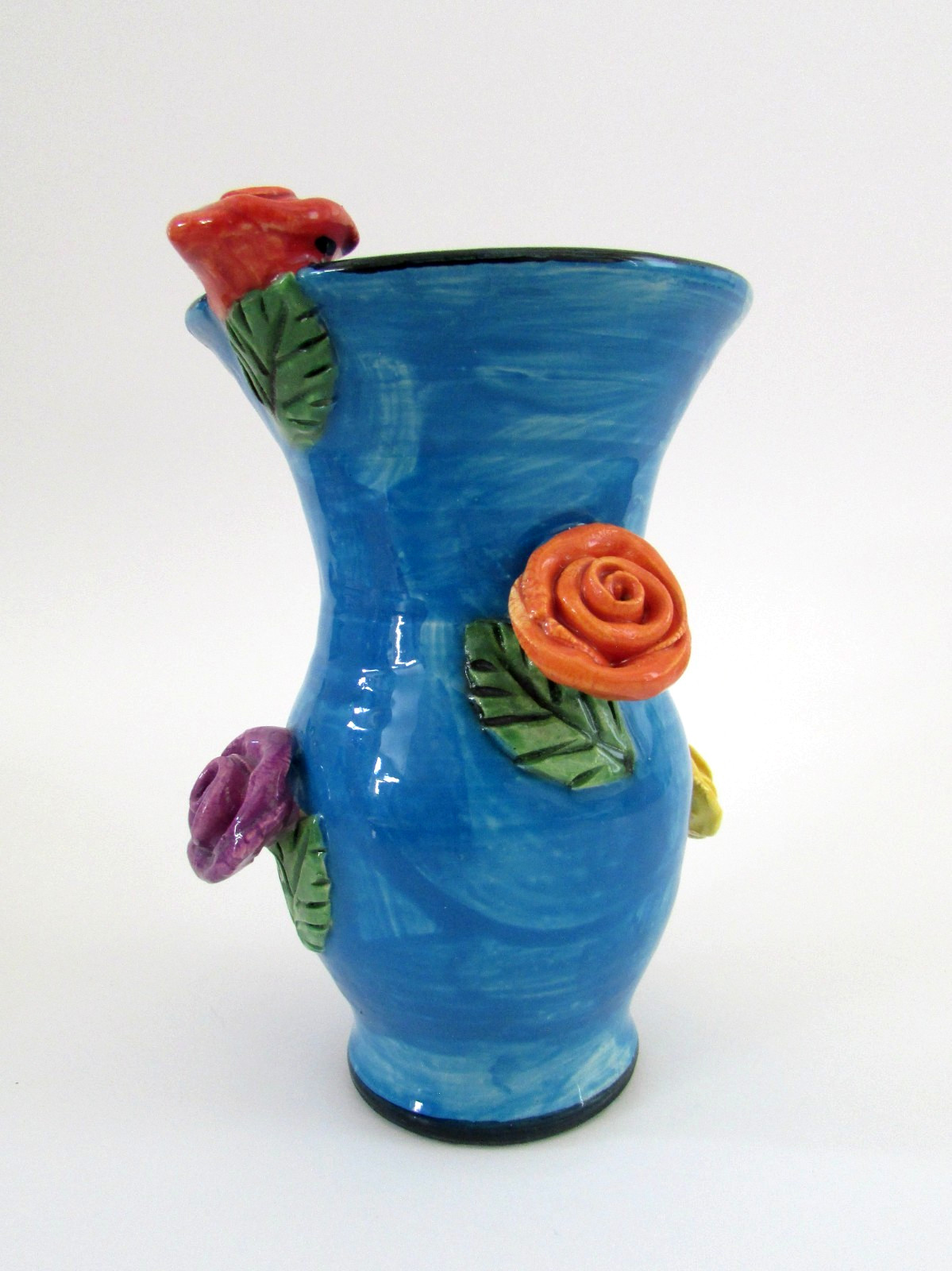 Mary Rose Young England Studio Pottery Blue Multicolor Rose Vase 5″