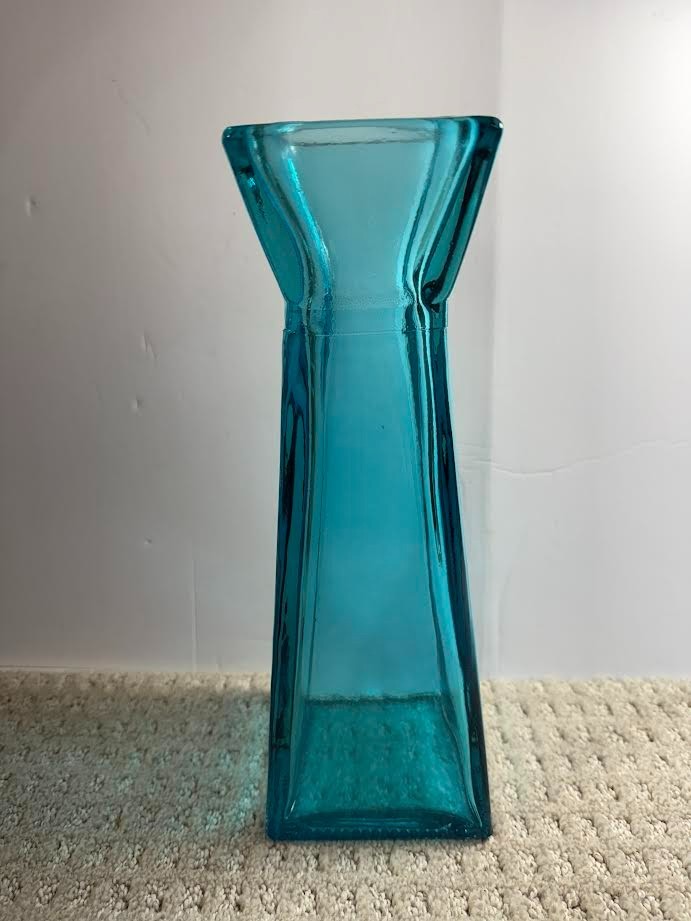 Glass Vase Blue 11 1/2″ tall, 3 3/4″ sq base 3.75lbs. Recycled glass.