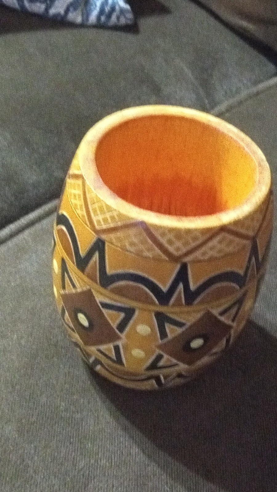 vintage Geometric Pattern Wooden Vase Brown Black Yellow White Decorative