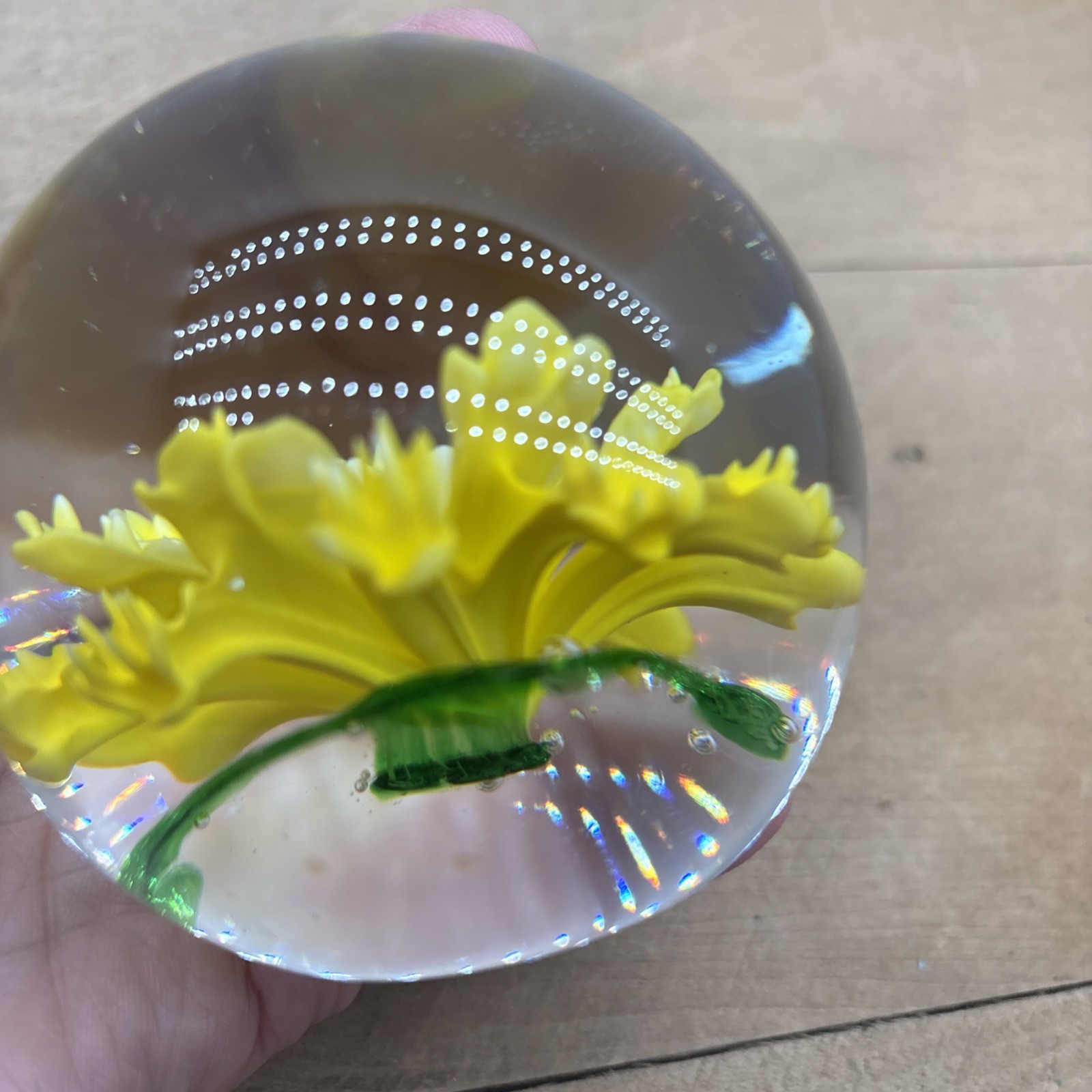 Vintage Art Blown Glass Yellow Flower Paperweight Office Round Globe Sphere 3”