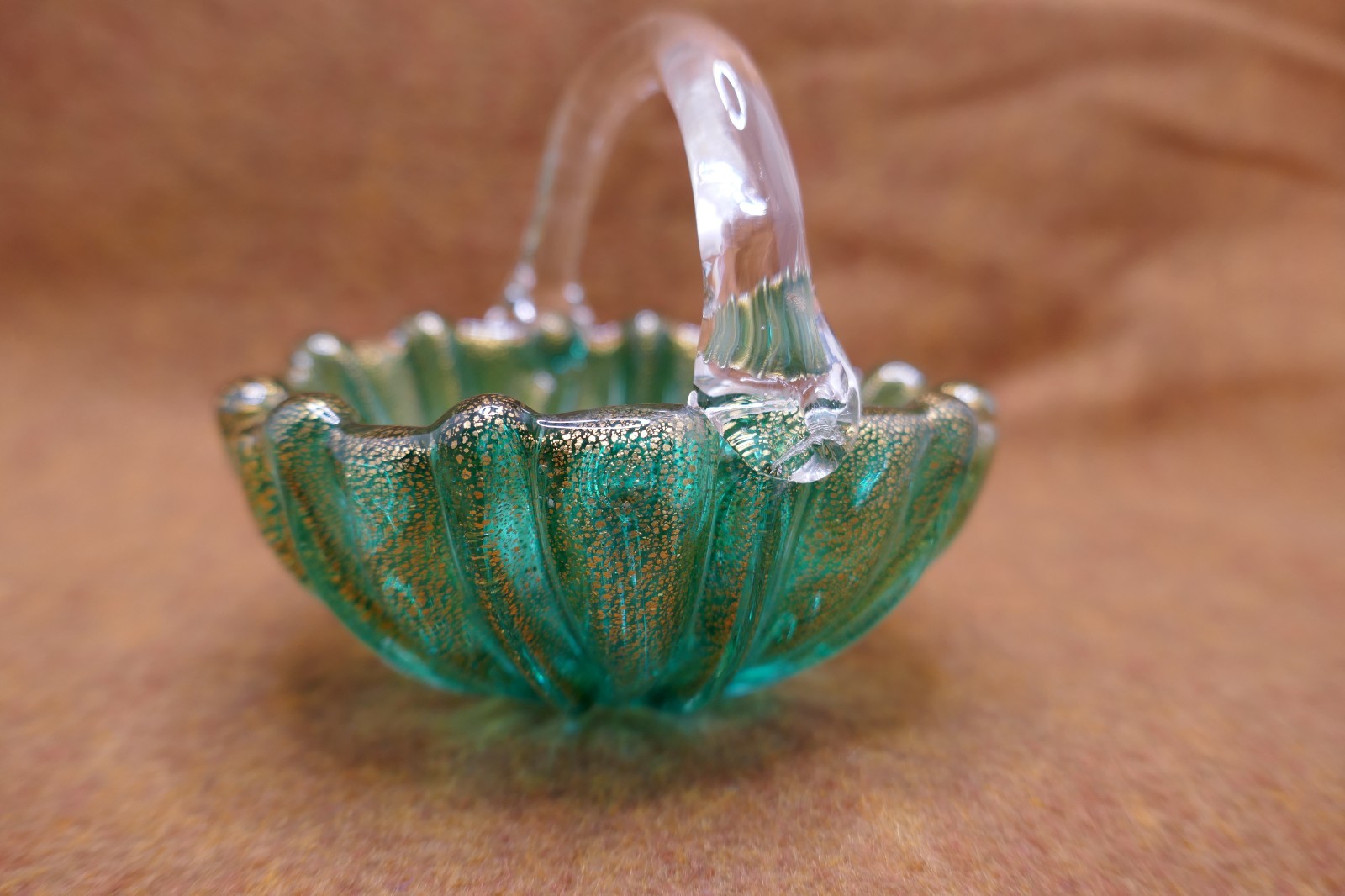 Beautiful Vintage Murano Handmade Teal & Gold Glass Basket – Barovier & Toso?