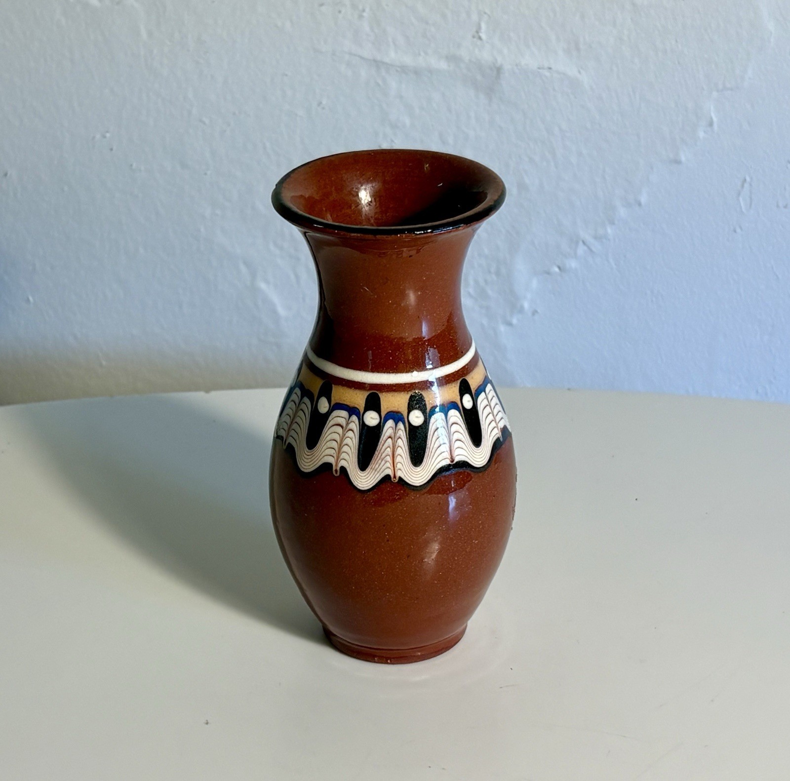 Vintage Bulgarian Troyan Redware Bud Vase Psychedelic Glaze Folk Art Pottery