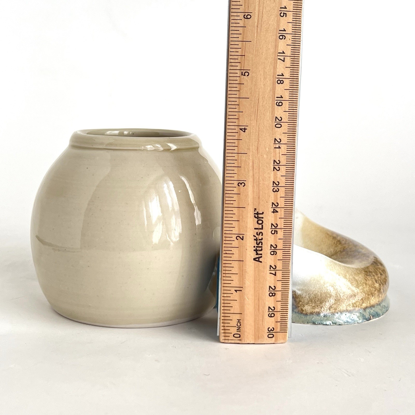 Squashed Melted Mug With Pot Planter Vase Art Pottery Cream And Brown Signed HB