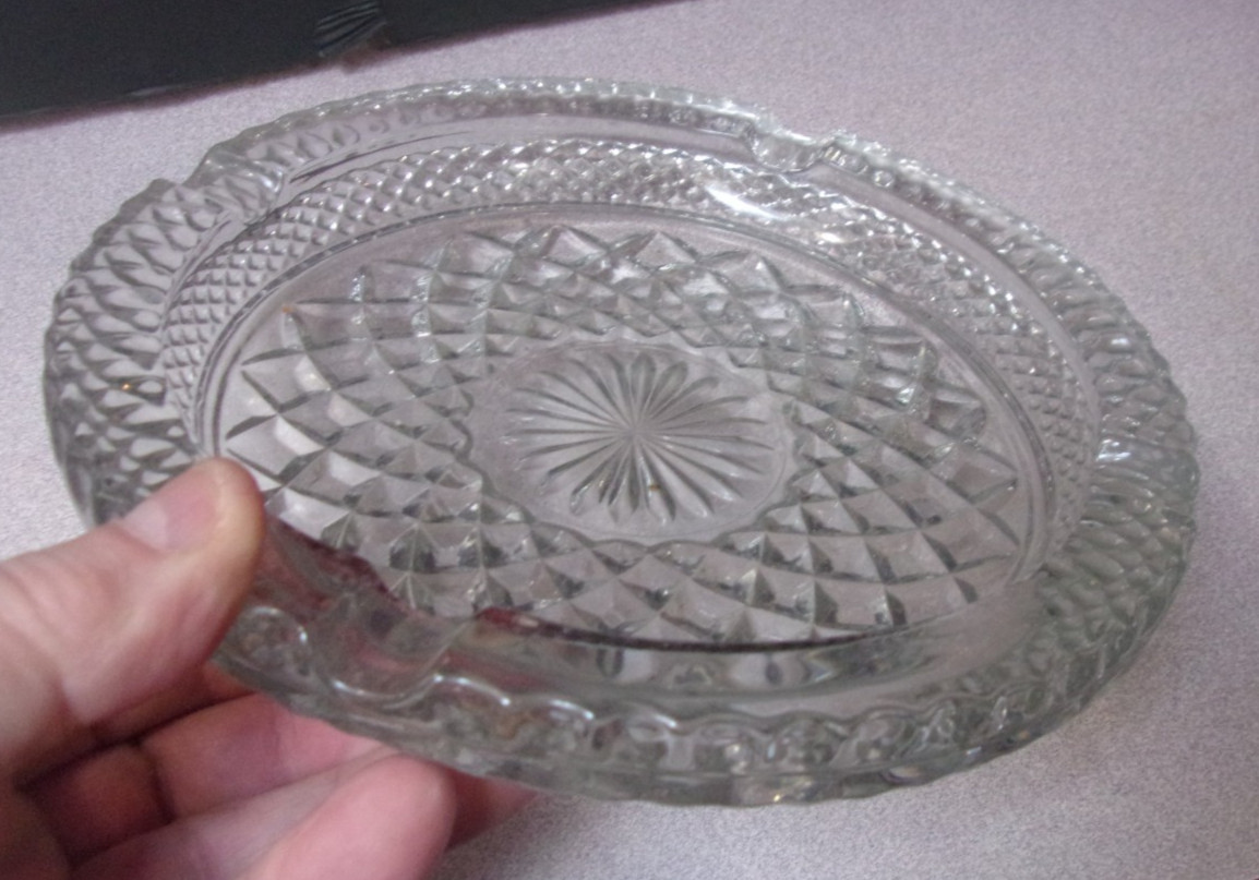 Vintage Crystal Cut Clear Glass Cigar Cigarette Ashtray Large 8.5” Heavy